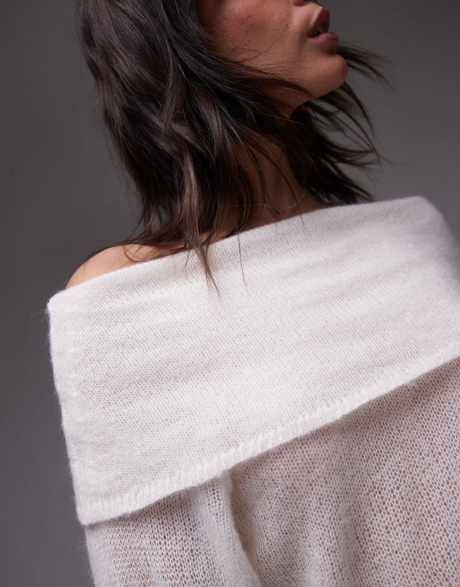 ARKET open knit sheer jumper with fold over off shoulder in off white - ASOS Sample Sale EU Store