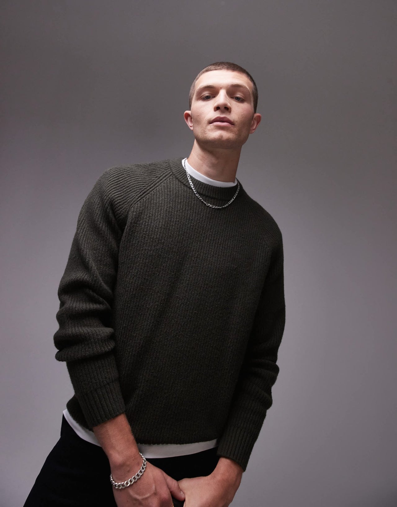 ARKET textured knitted rib jumper with raglan sleeves in khaki green - ASOS Sample Sale EU Store