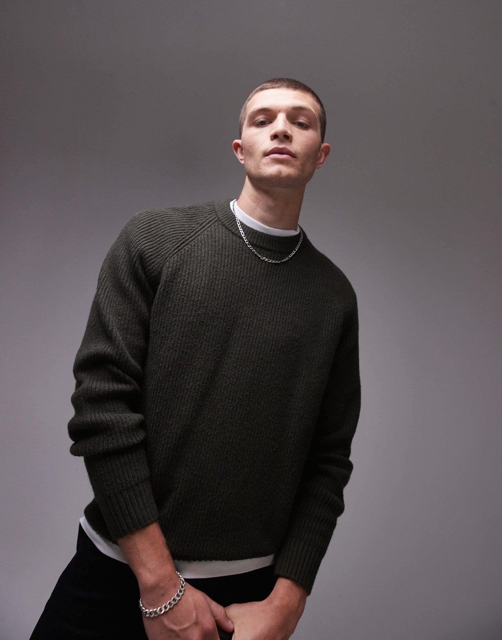 ARKET textured knitted rib jumper with raglan sleeves in khaki green - ASOS Sample Sale EU Store