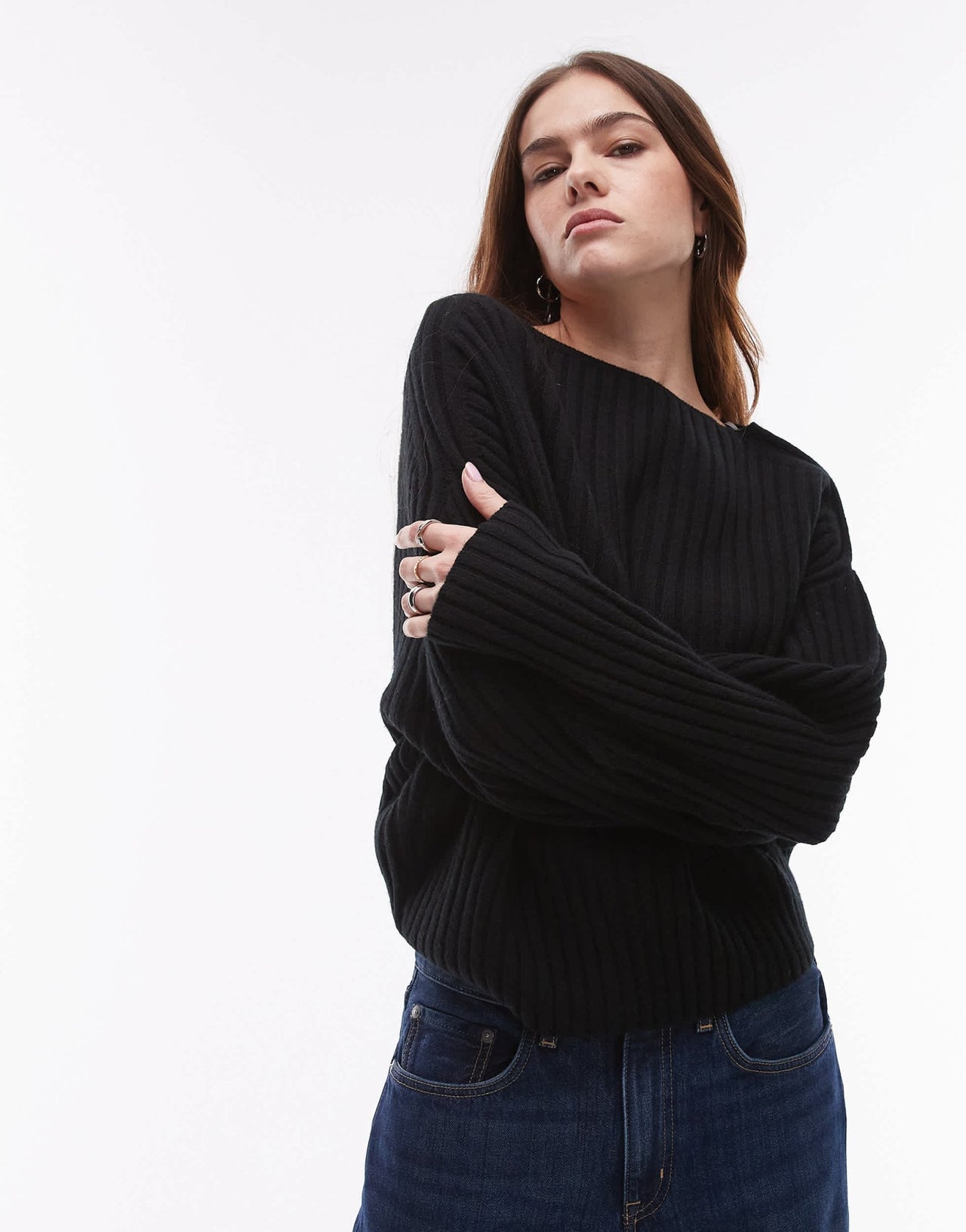 ARKET wool knitted sweater with asymmetric off - shoulder in black - ASOS Sample Sale EU Store