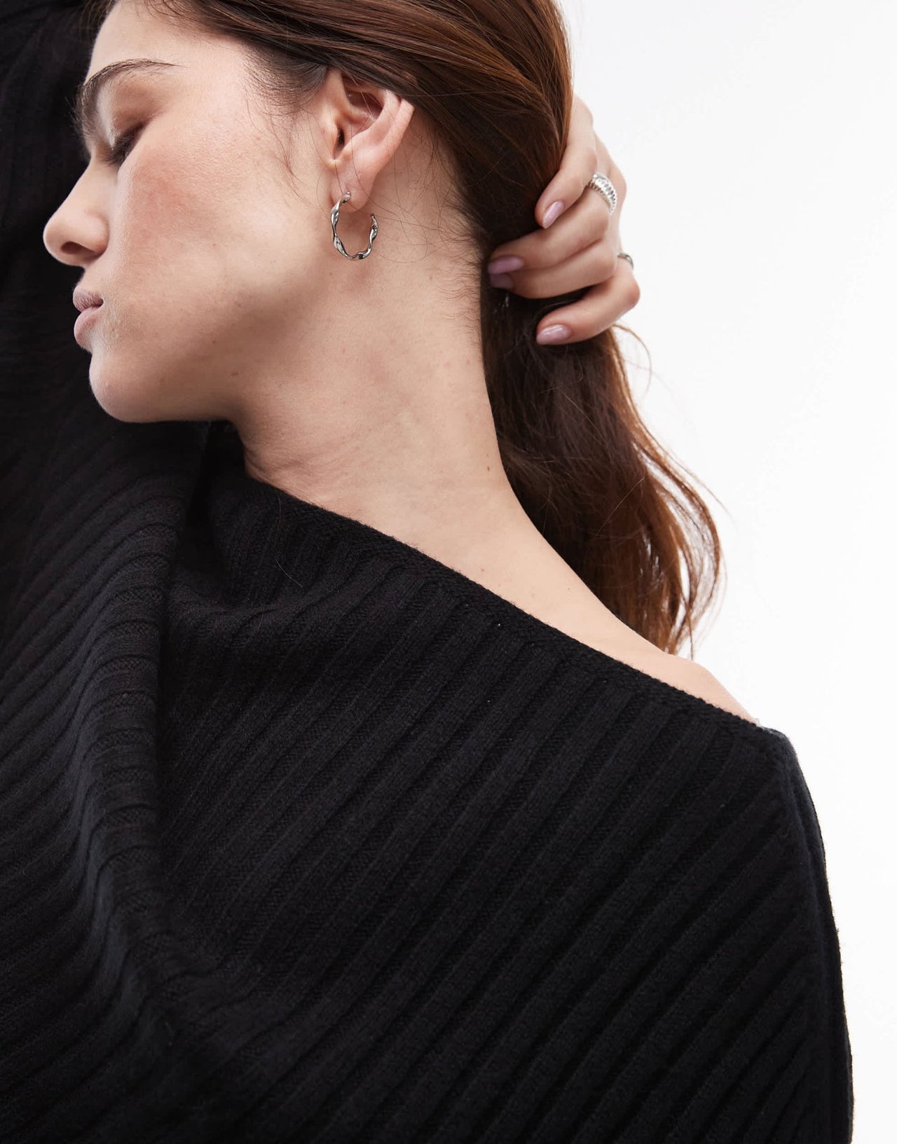 ARKET wool knitted sweater with asymmetric off - shoulder in black - ASOS Sample Sale EU Store