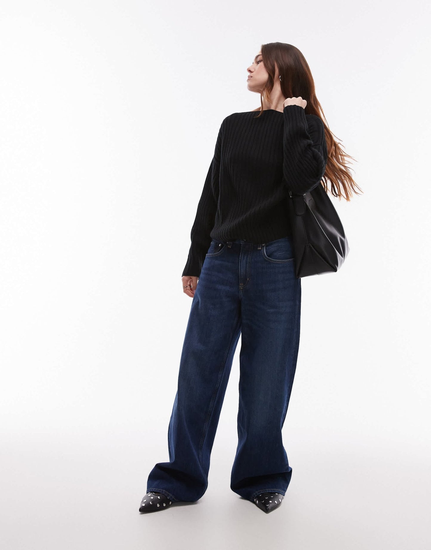 ARKET wool knitted sweater with asymmetric off - shoulder in black - ASOS Sample Sale EU Store