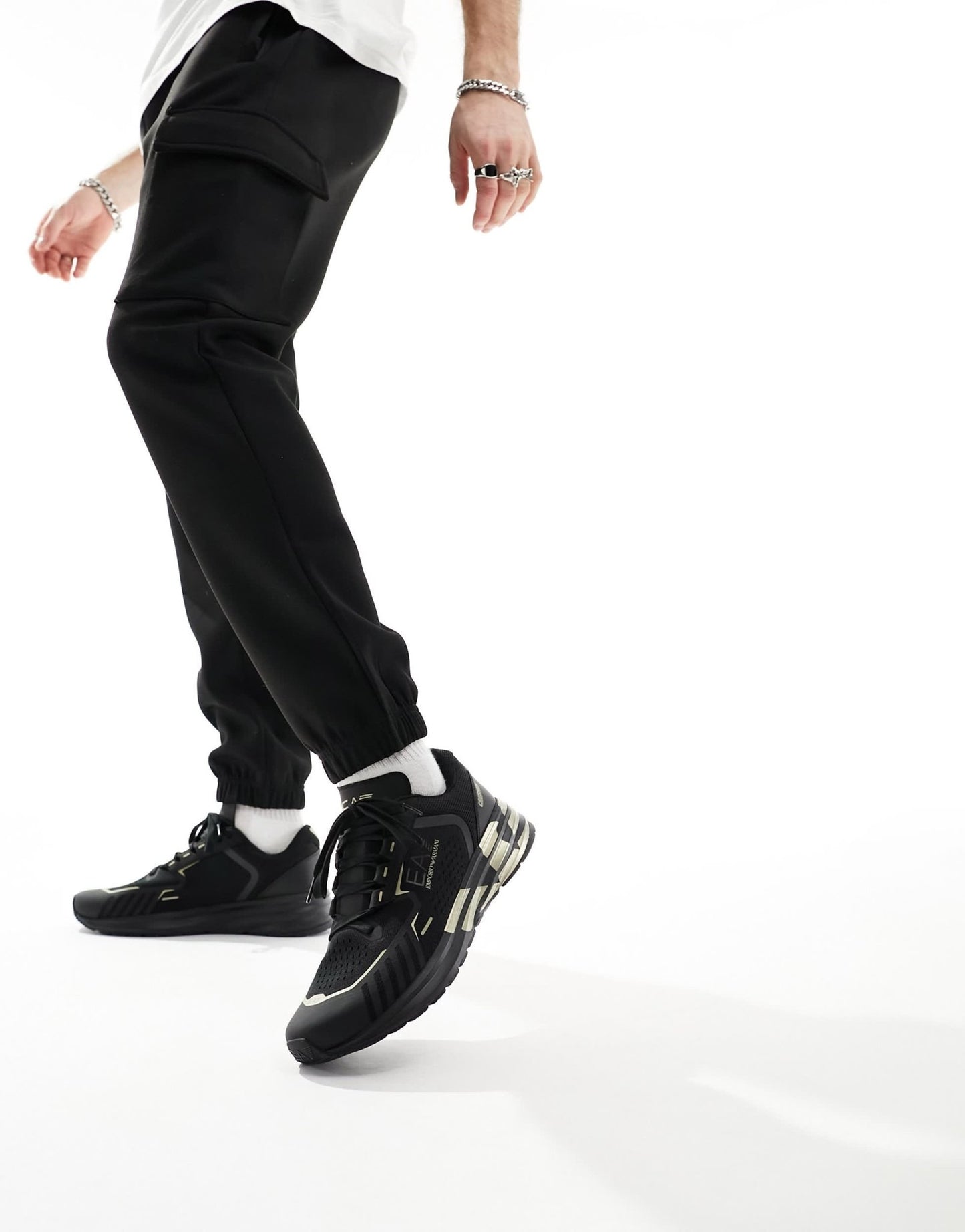 Armani EA7 gold logo flyknit nylon mesh trainer in triple black/gold - ASOS Sample Sale EU Store