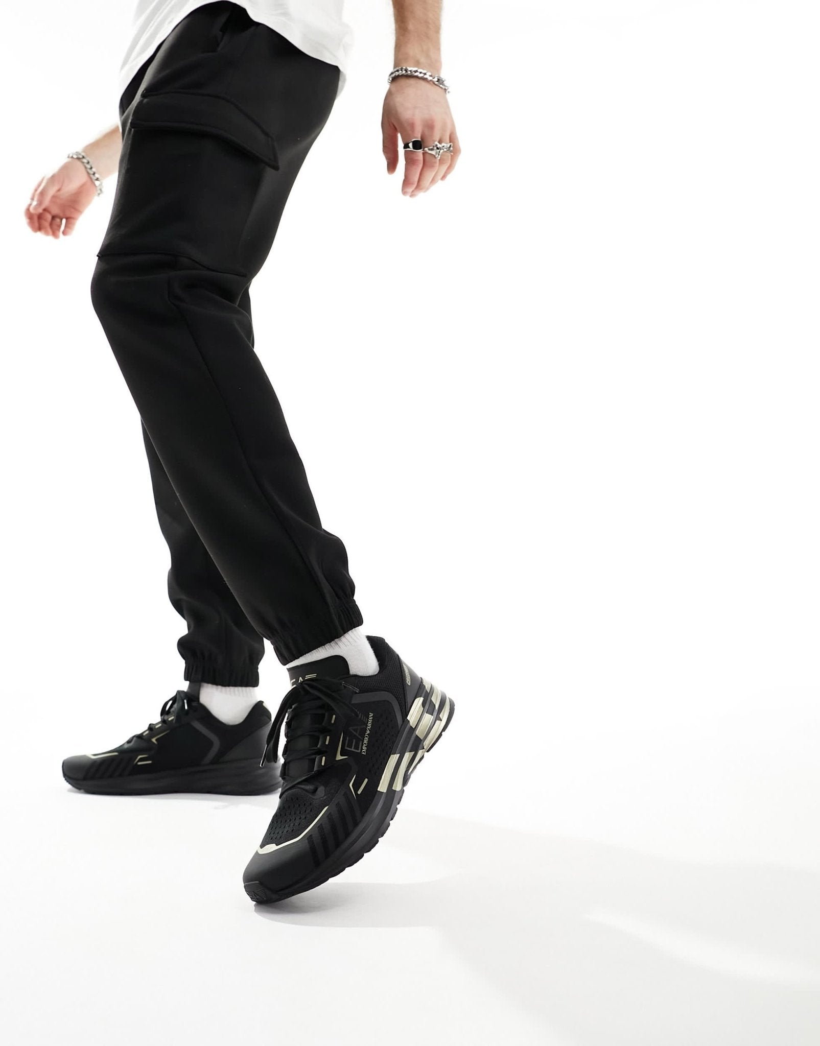 Armani EA7 gold logo flyknit nylon mesh trainer in triple black/gold - ASOS Sample Sale EU Store