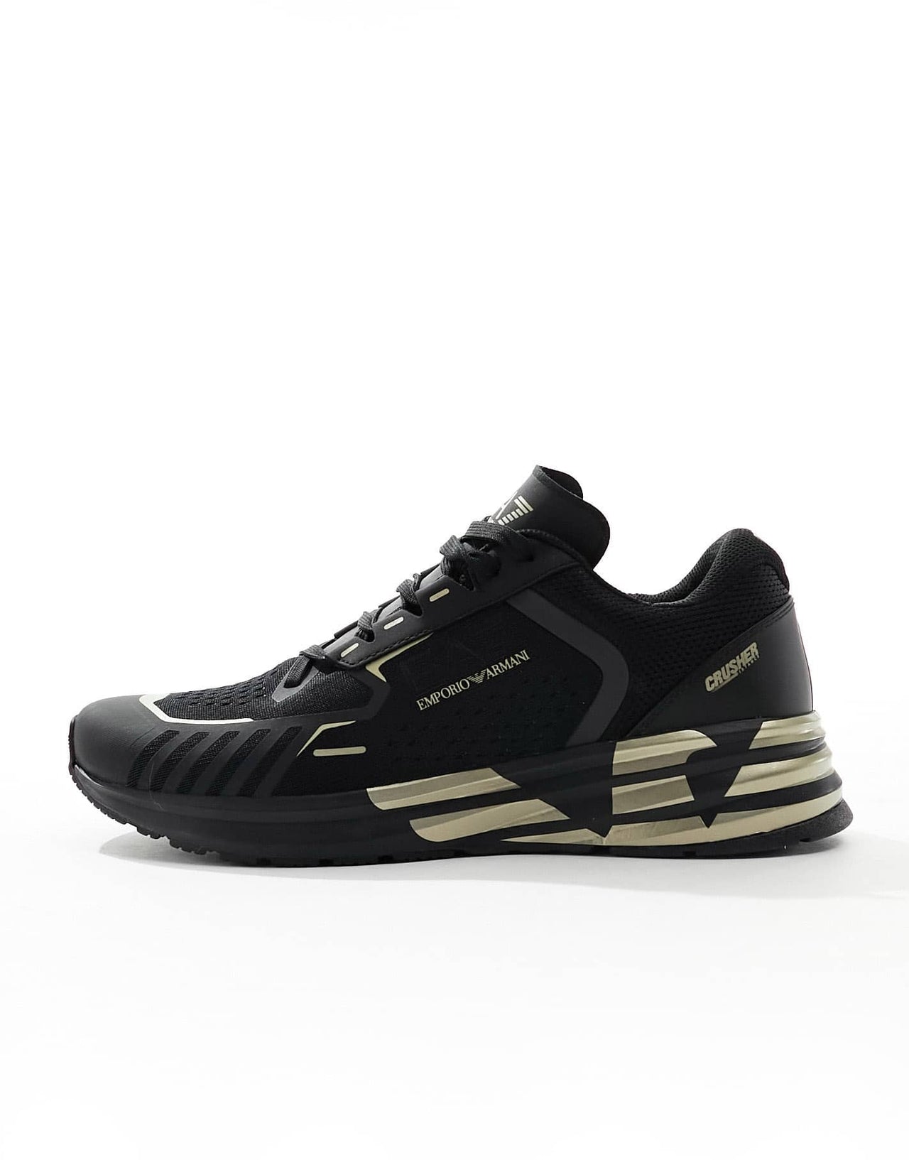 Armani EA7 gold logo flyknit nylon mesh trainer in triple black/gold - ASOS Sample Sale EU Store