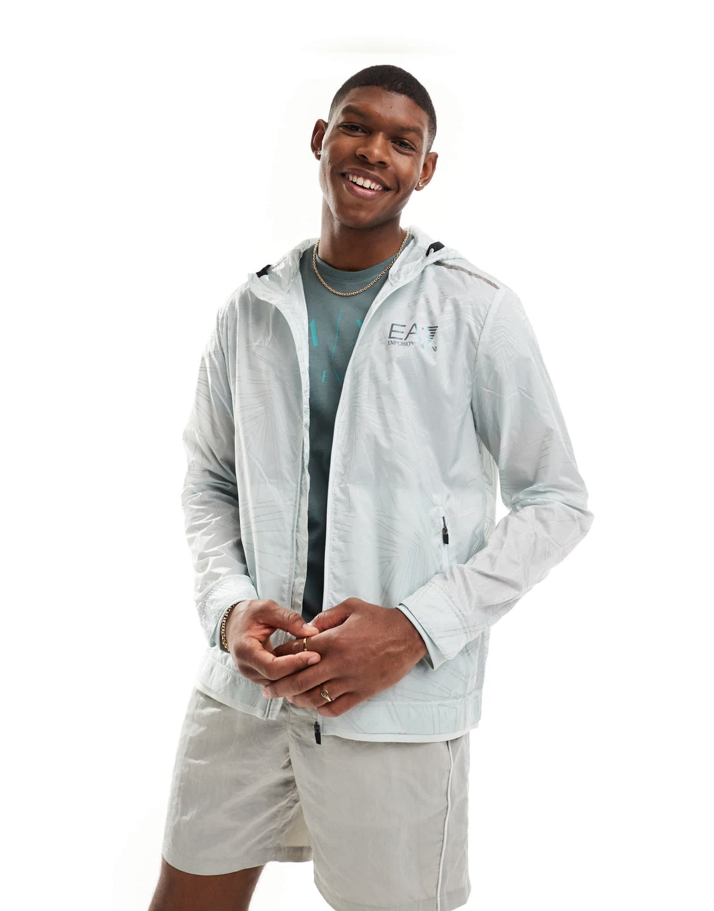 Armani EA7 logo all over geo print transparent hooded windbreaker jacket in light blue - ASOS Sample Sale EU Store