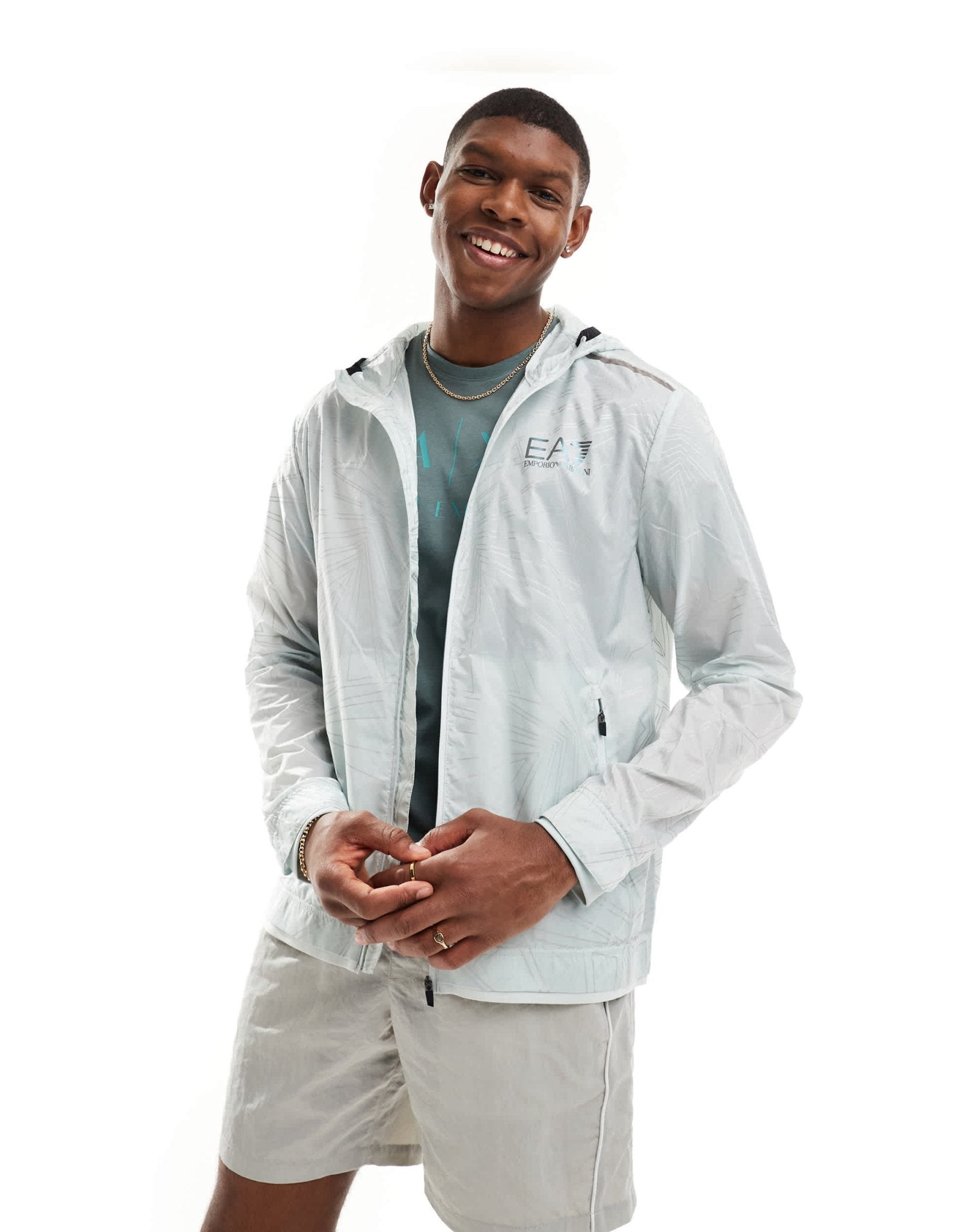 Armani EA7 logo all over geo print transparent hooded windbreaker jacket in light blue - ASOS Sample Sale EU Store