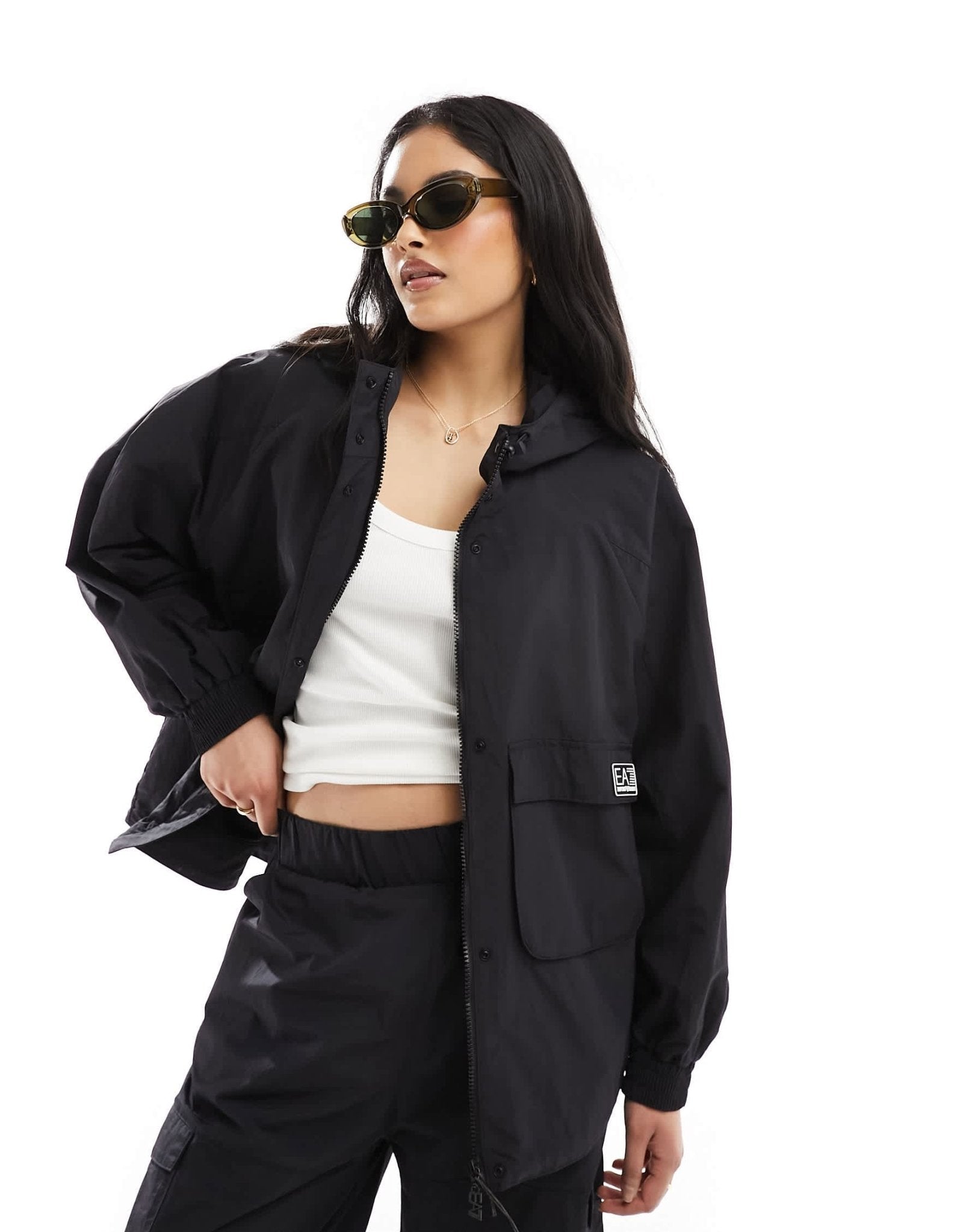 Armani EA7 logo full zip hooded nylon windbreaker jacket in black CO - ORD - ASOS Sample Sale EU Store