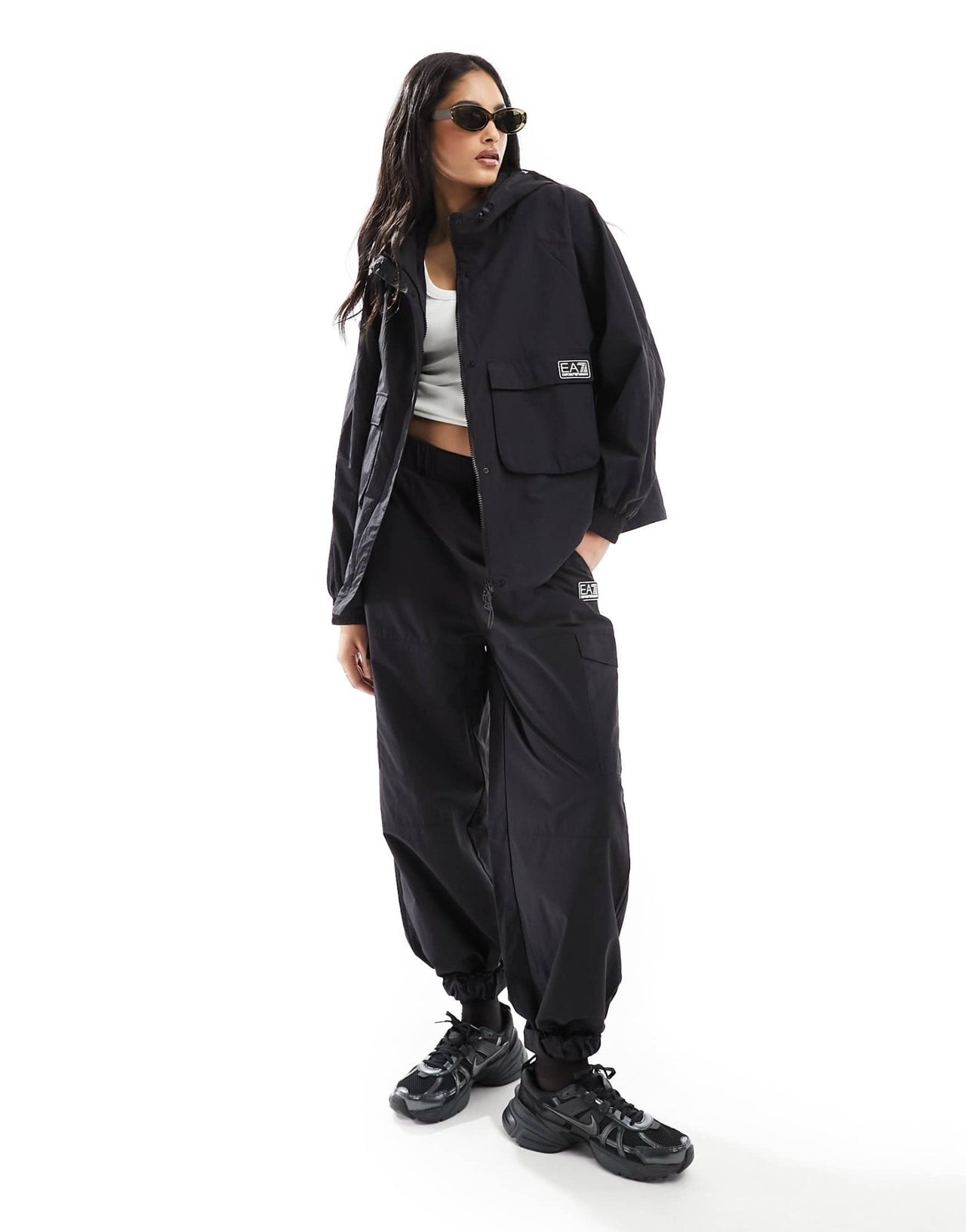 Armani EA7 logo full zip hooded nylon windbreaker jacket in black CO - ORD - ASOS Sample Sale EU Store