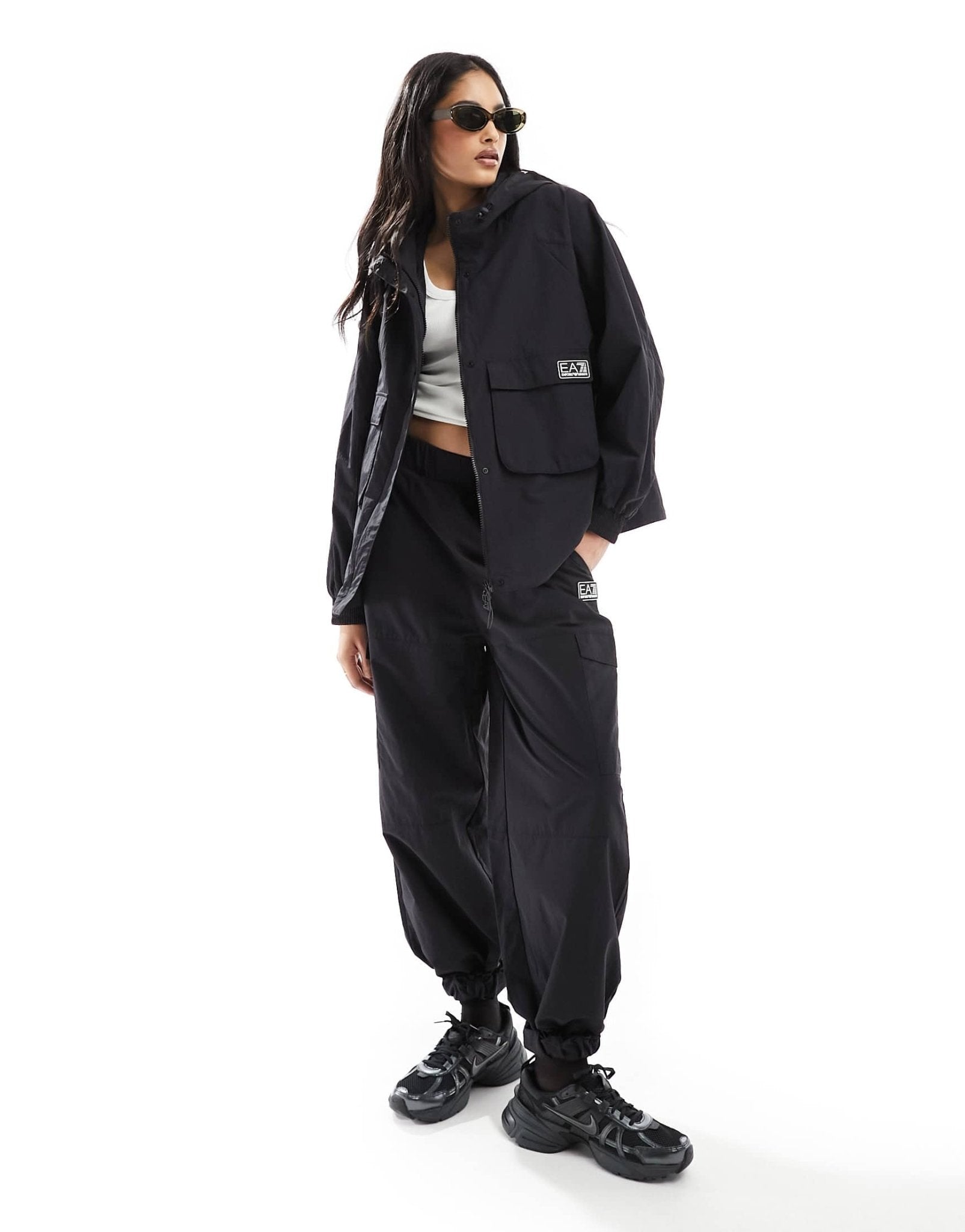 Armani EA7 logo full zip hooded nylon windbreaker jacket in black CO - ORD - ASOS Sample Sale EU Store