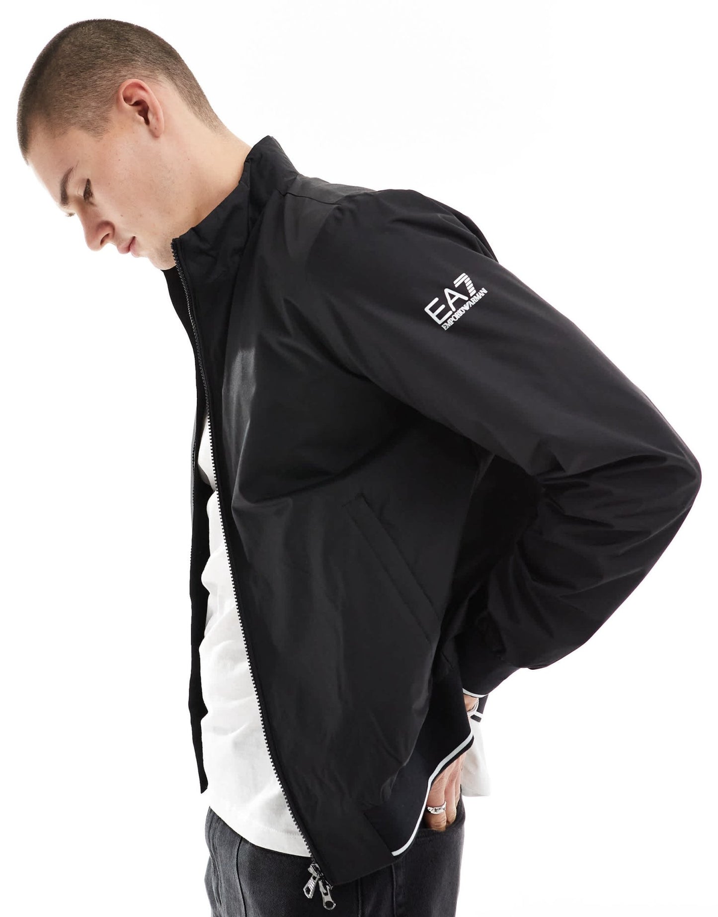 Armani EA7 logo sleeve harrington jacket in black - ASOS Sample Sale EU Store