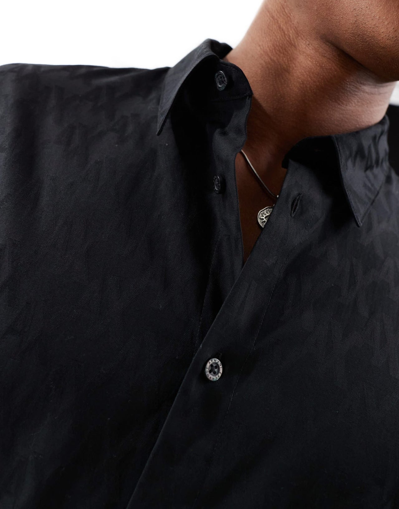 Armani Exchange all over logo printed long sleeve shirt with satin shine effect in black - ASOS Sample Sale EU Store