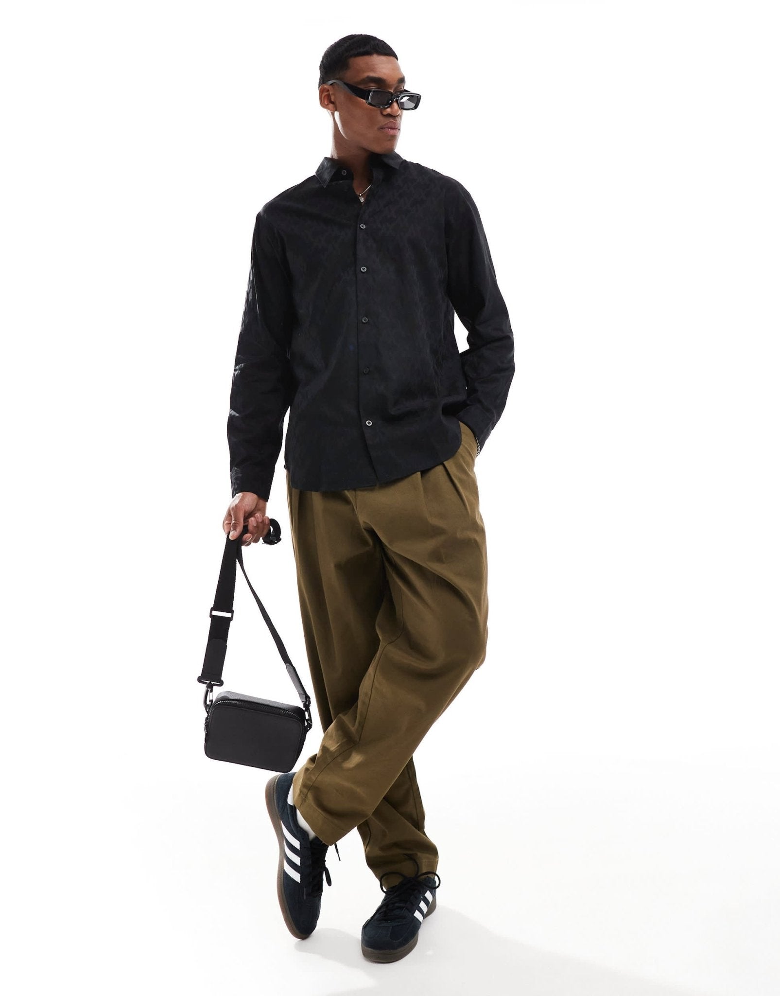 Armani Exchange all over logo printed long sleeve shirt with satin shine effect in black - ASOS Sample Sale EU Store