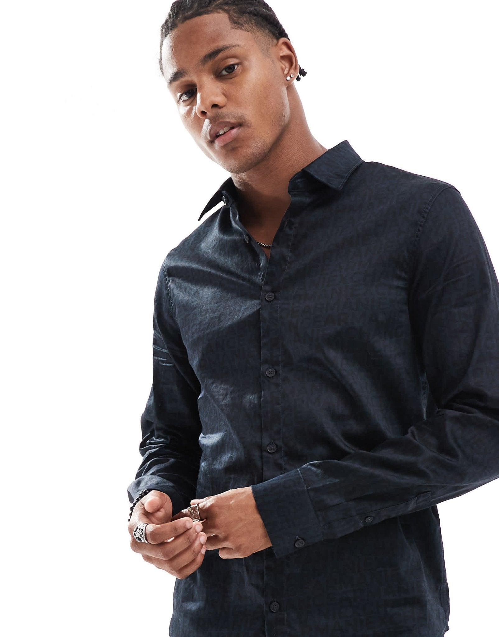 Armani Exchange all over logo text long sleeve shirt in navy - ASOS Sample Sale EU Store