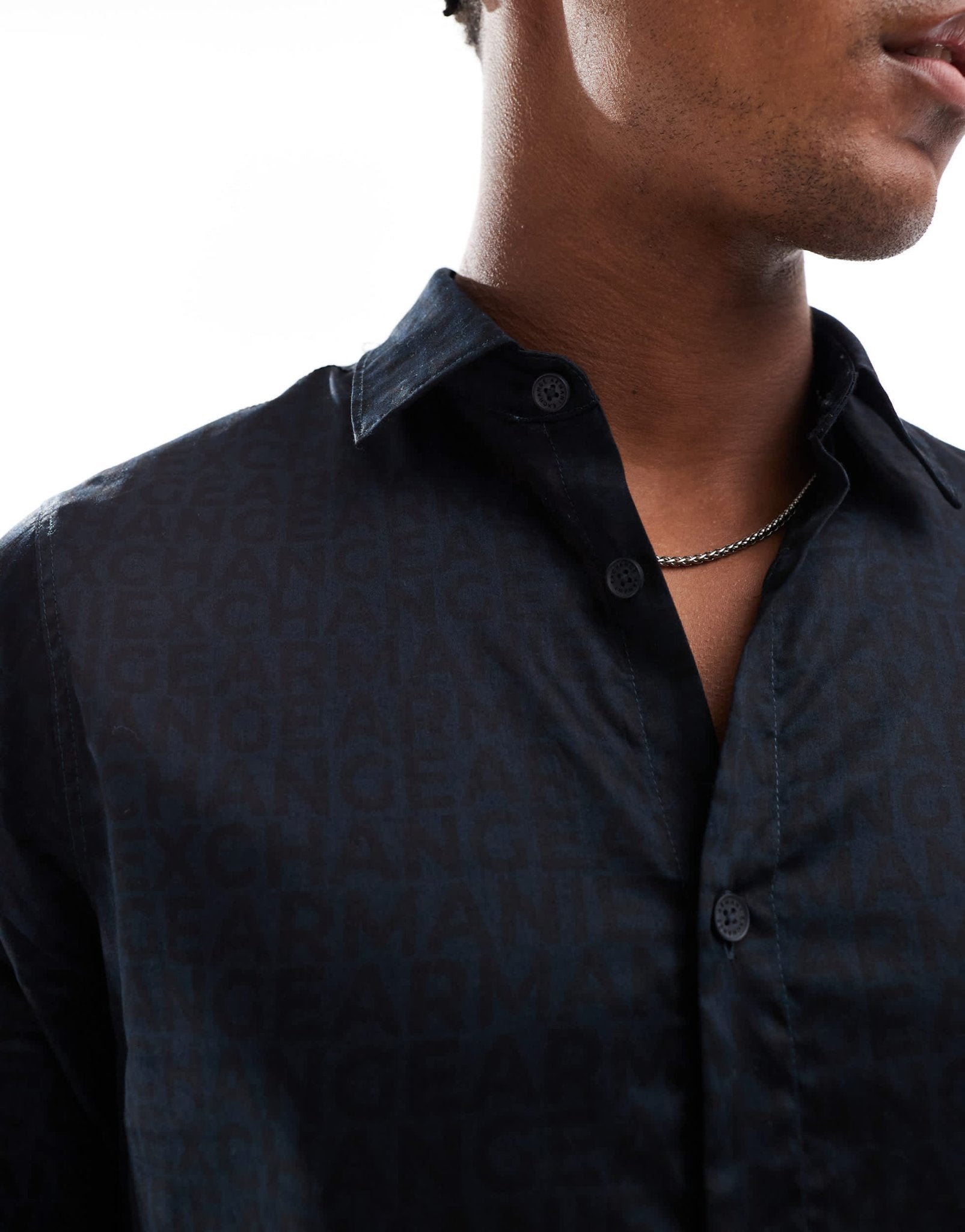 Armani Exchange all over logo text long sleeve shirt in navy - ASOS Sample Sale EU Store