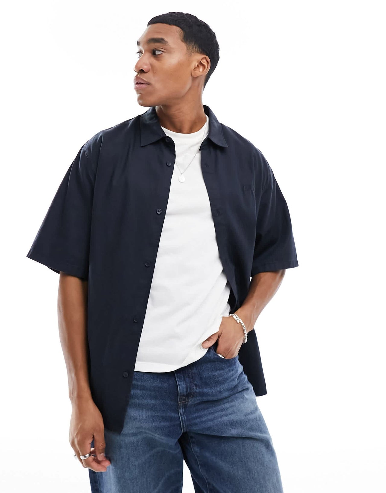 Armani Exchange half sleeve boxy fit shirt in navy - ASOS Sample Sale EU Store