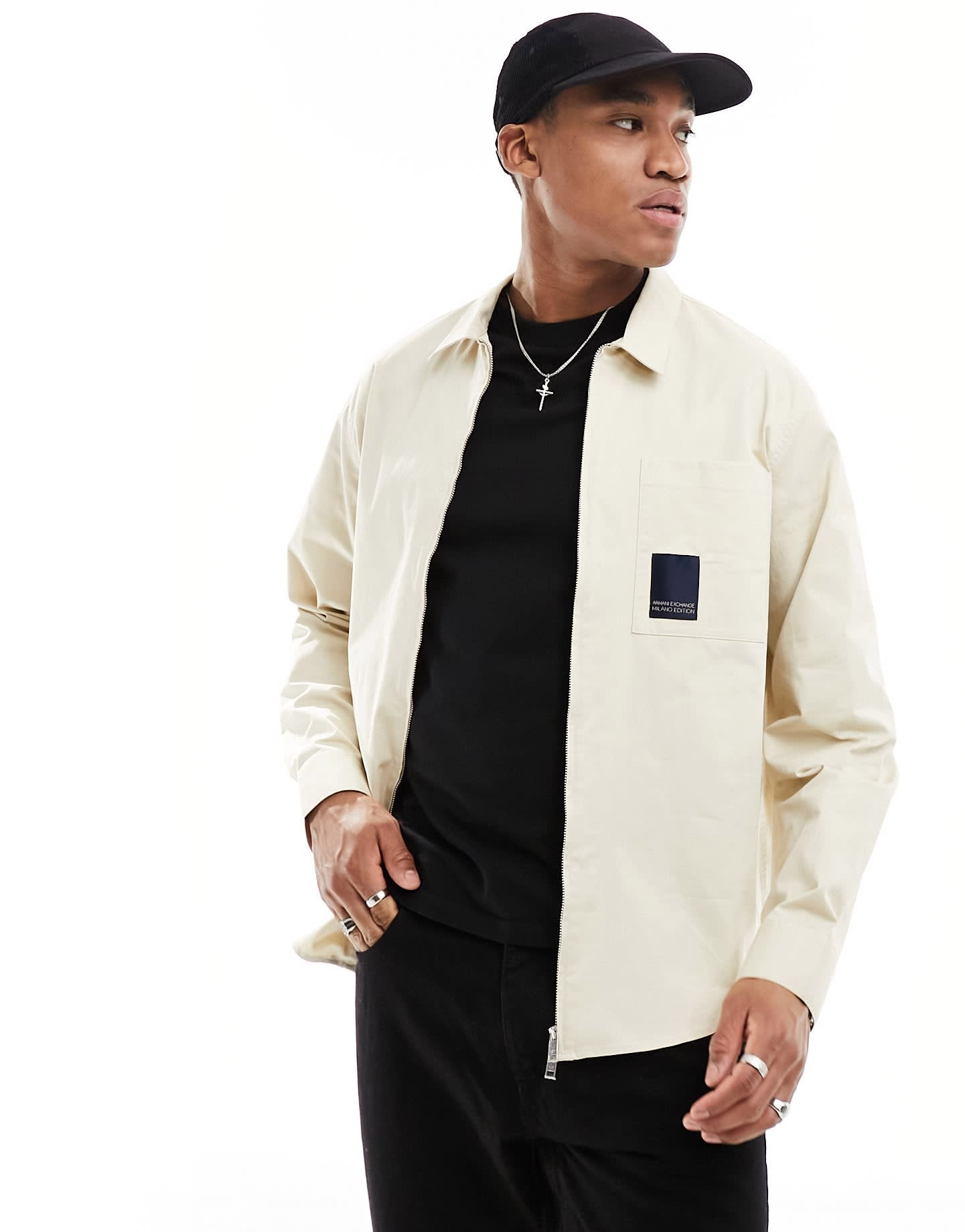 Armani Exchange logo label pocket zip front loose fit overshirt in beige - ASOS Sample Sale EU Store