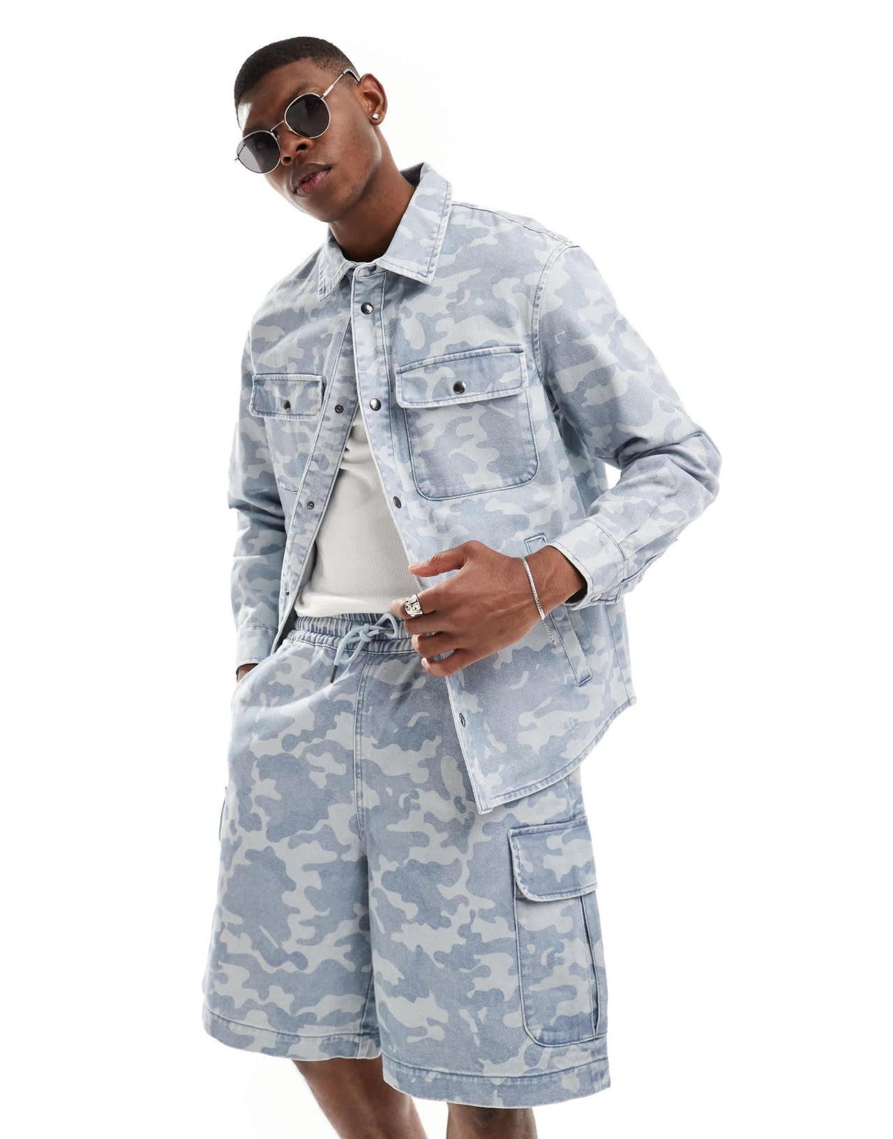 Armani Exchange tonal camo pattern denim overshirt in light blue CO - ORD - ASOS Sample Sale EU Store