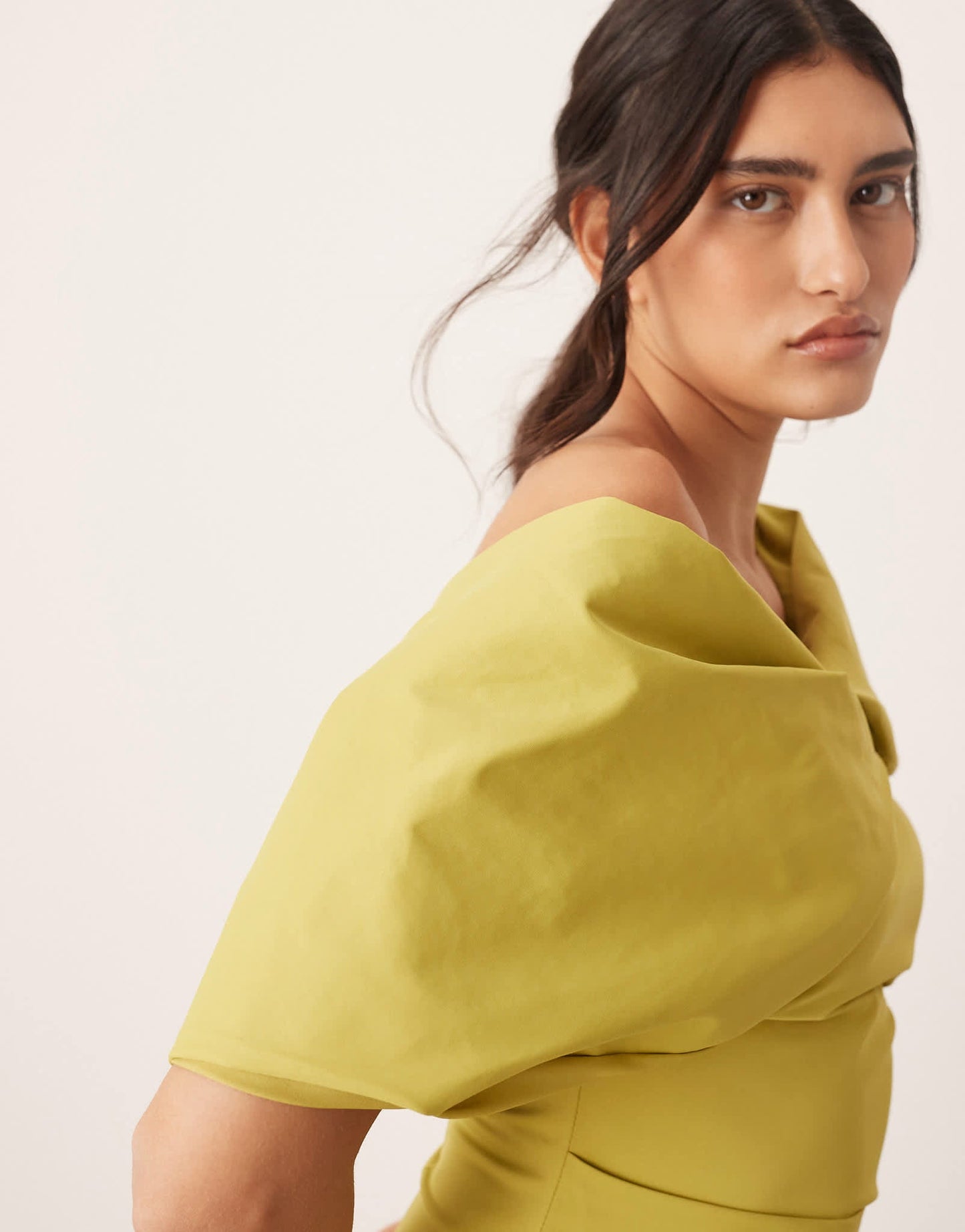 ARRANGE bardot pleat maxi dress with wrap detail in chartreuse - ASOS Sample Sale EU Store