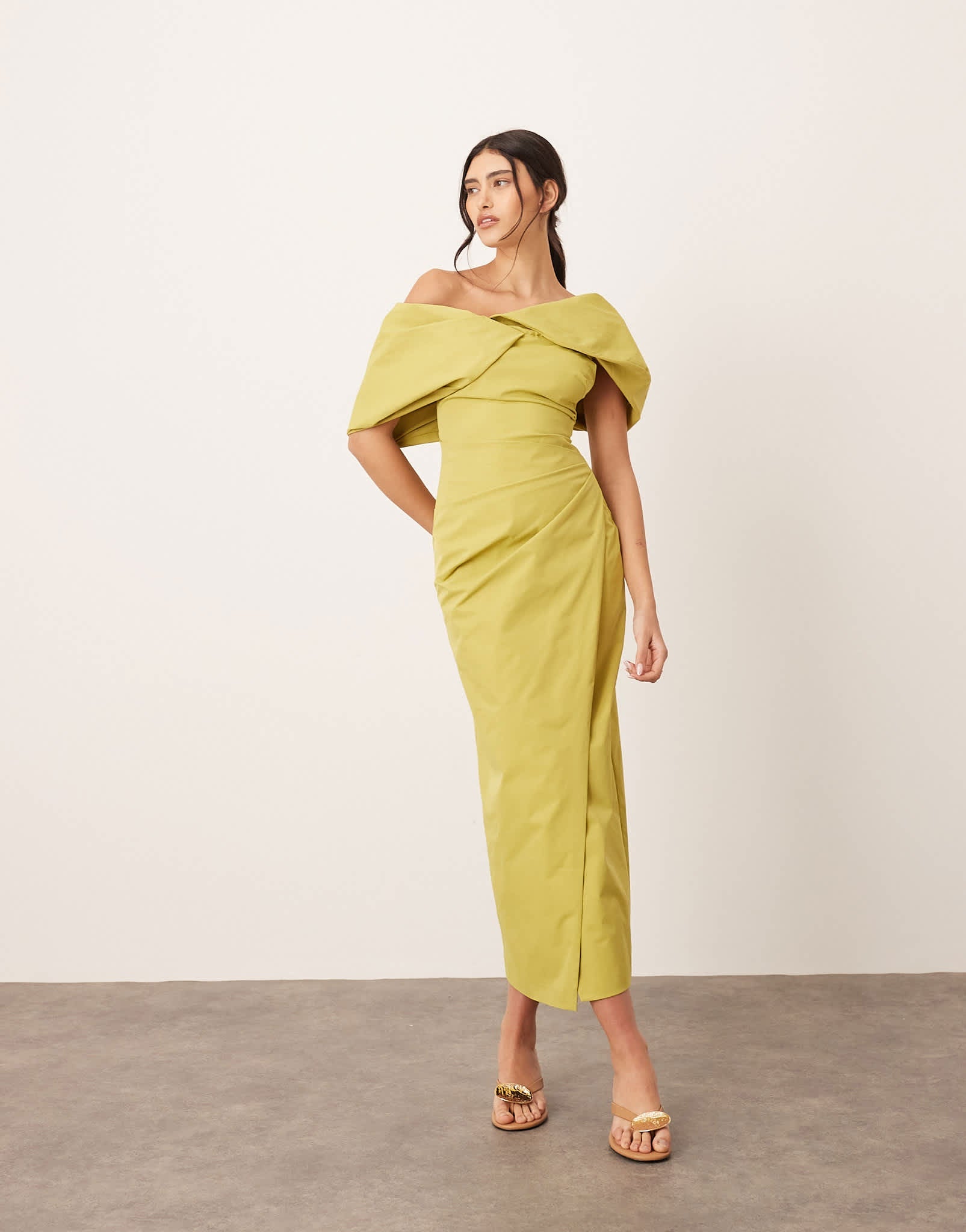 ARRANGE bardot pleat maxi dress with wrap detail in chartreuse - ASOS Sample Sale EU Store