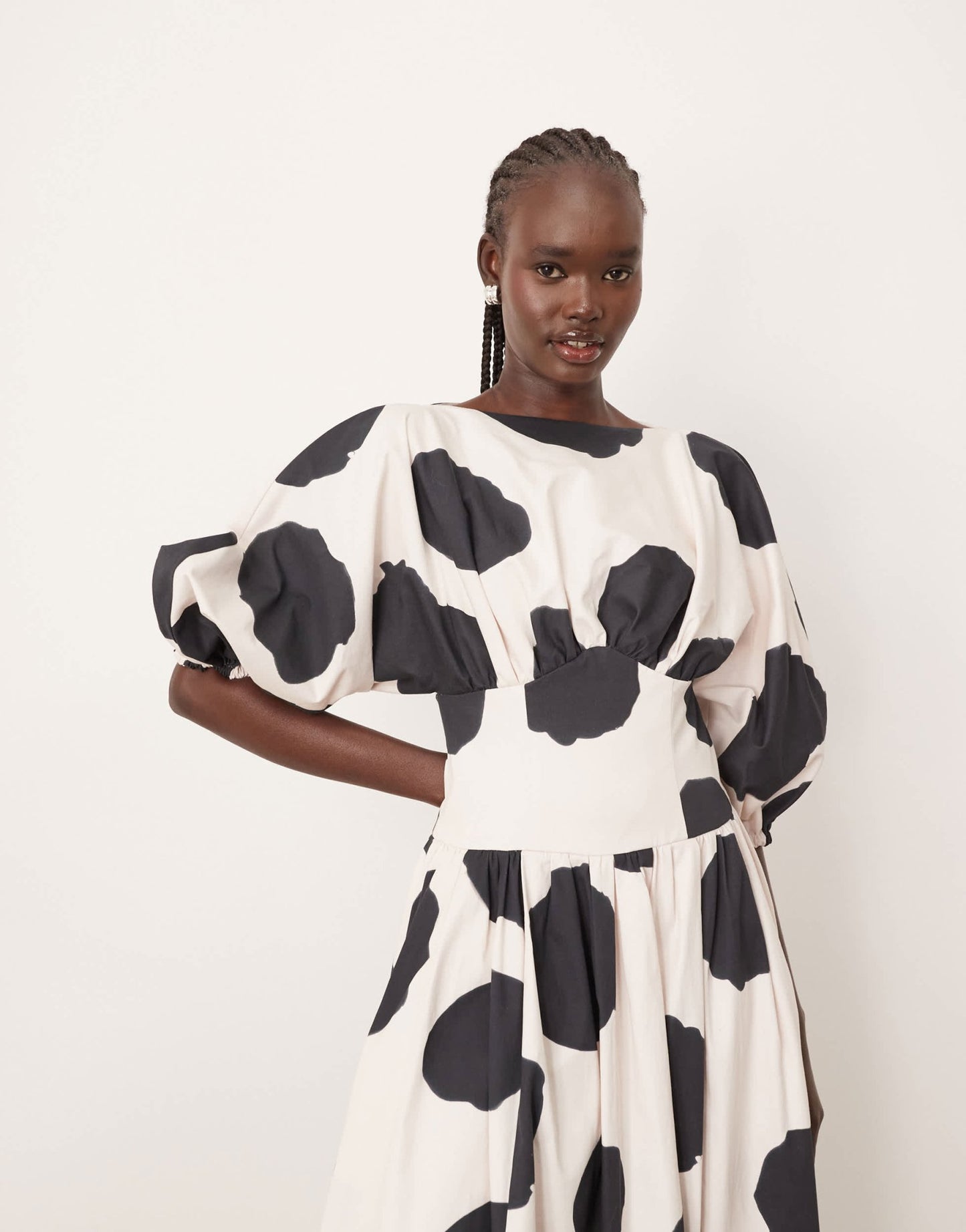 ARRANGE cotton cinched waist midi dress with balloon sleeve in bold spot - ASOS Sample Sale EU Store