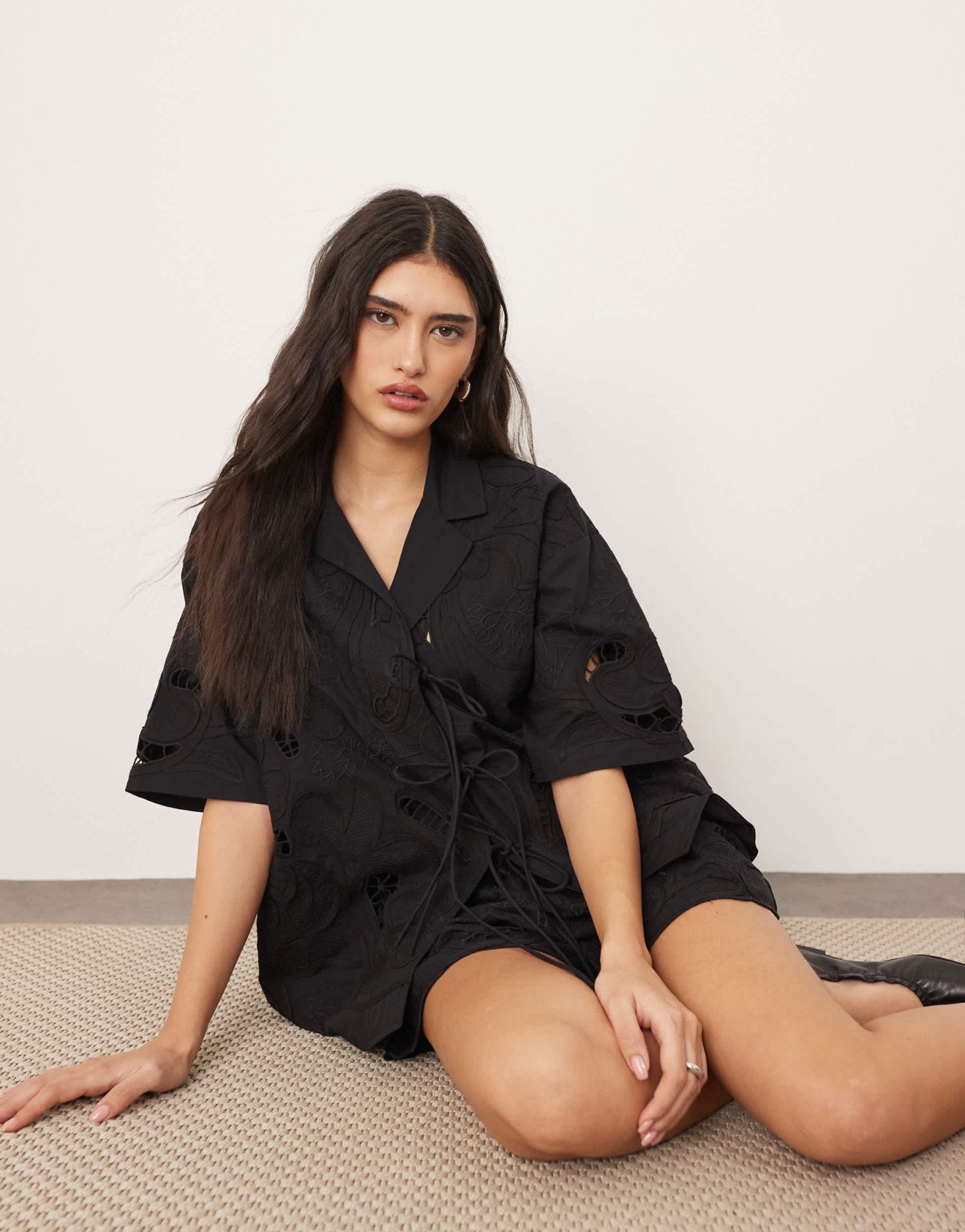 ARRANGE cotton cutwork embroidered short sleeve tie front shirt co - ord in black - ASOS Sample Sale EU Store