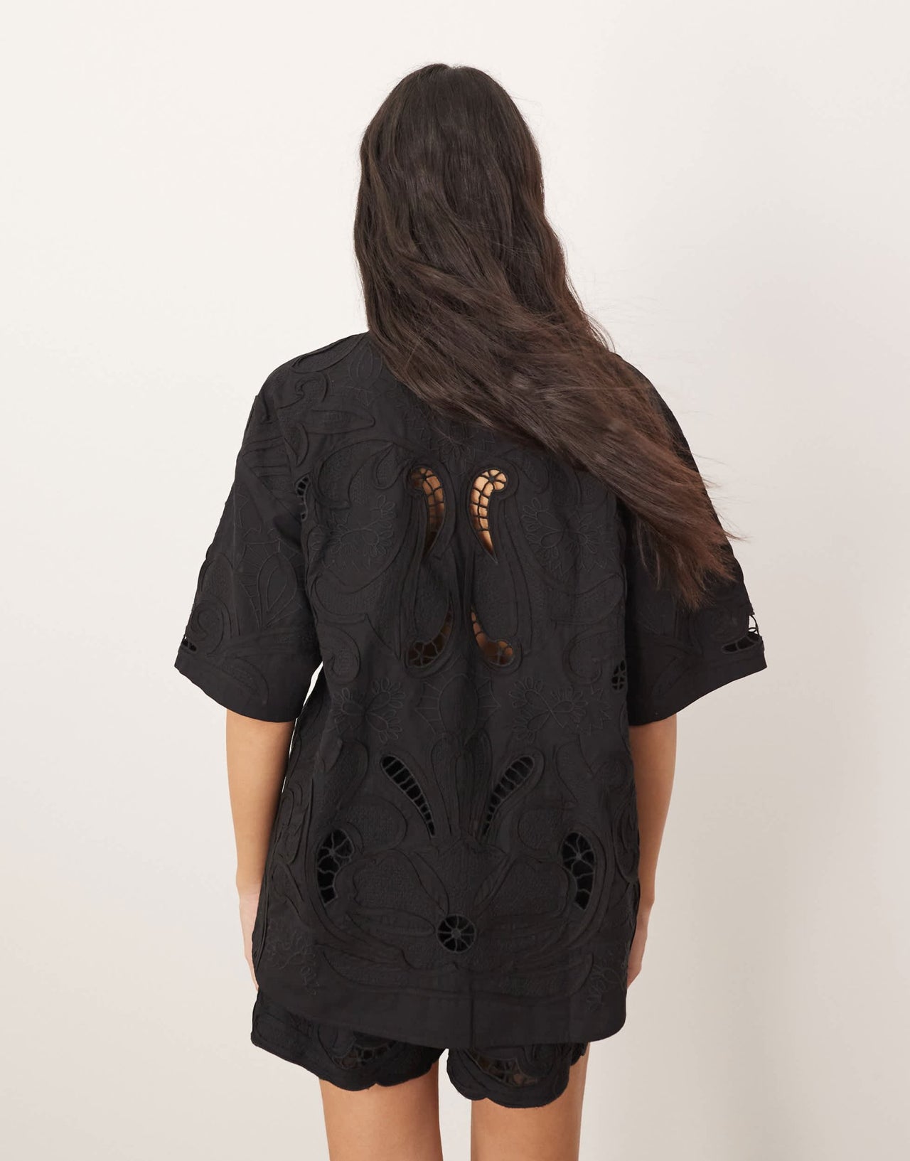 ARRANGE cotton cutwork embroidered short sleeve tie front shirt co - ord in black - ASOS Sample Sale EU Store