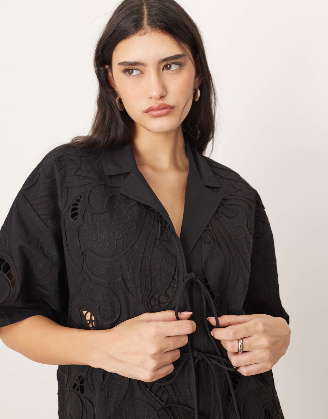 ARRANGE cotton cutwork embroidered short sleeve tie front shirt co - ord in black - ASOS Sample Sale EU Store