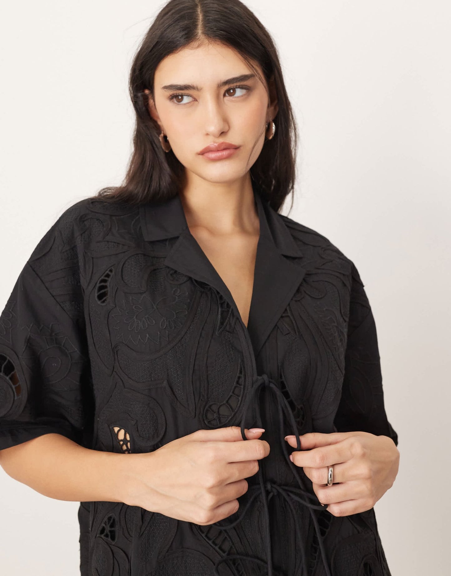 ARRANGE cotton cutwork embroidered short sleeve tie front shirt co - ord in black - ASOS Sample Sale EU Store