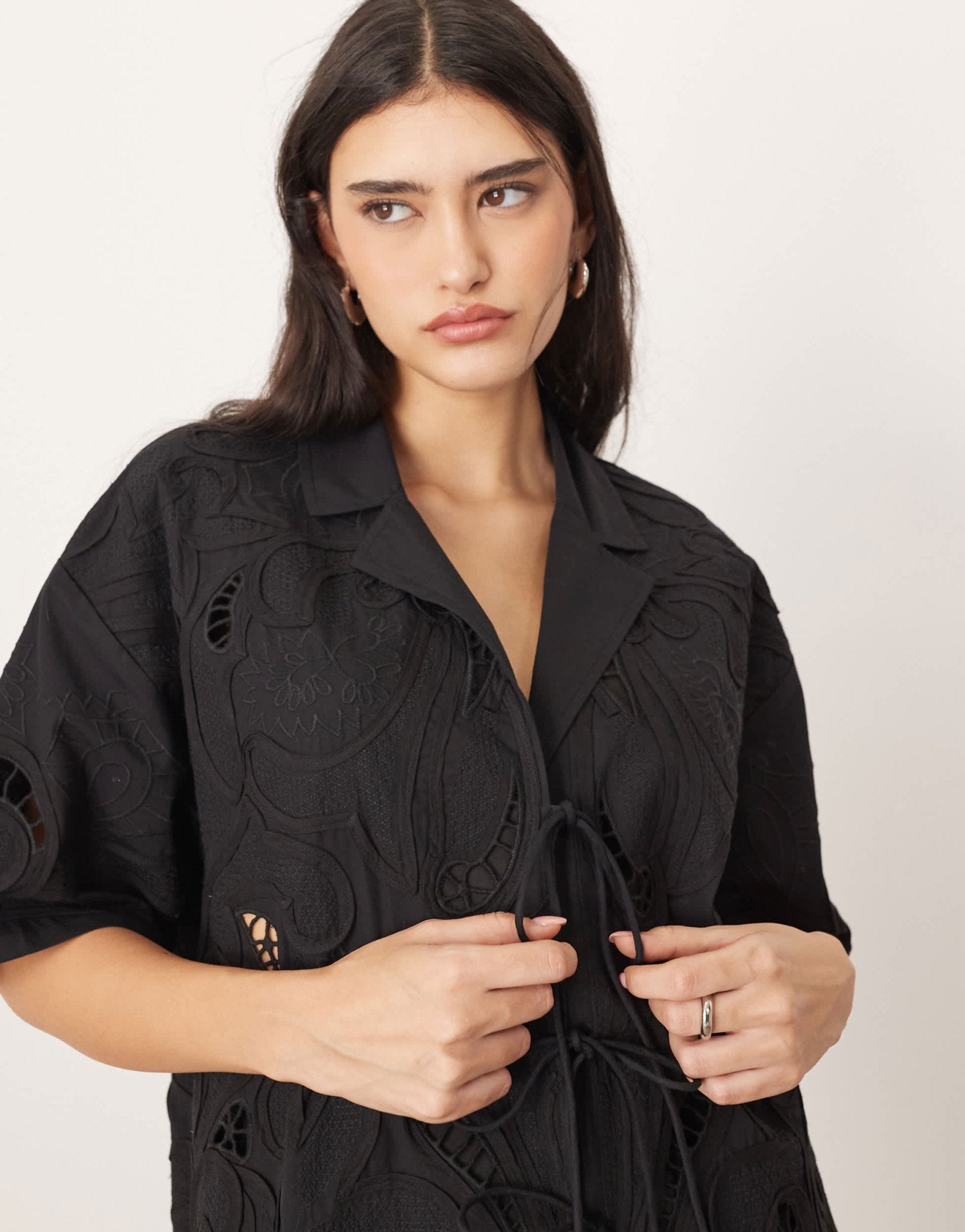 ARRANGE cotton cutwork embroidered short sleeve tie front shirt co - ord in black - ASOS Sample Sale EU Store