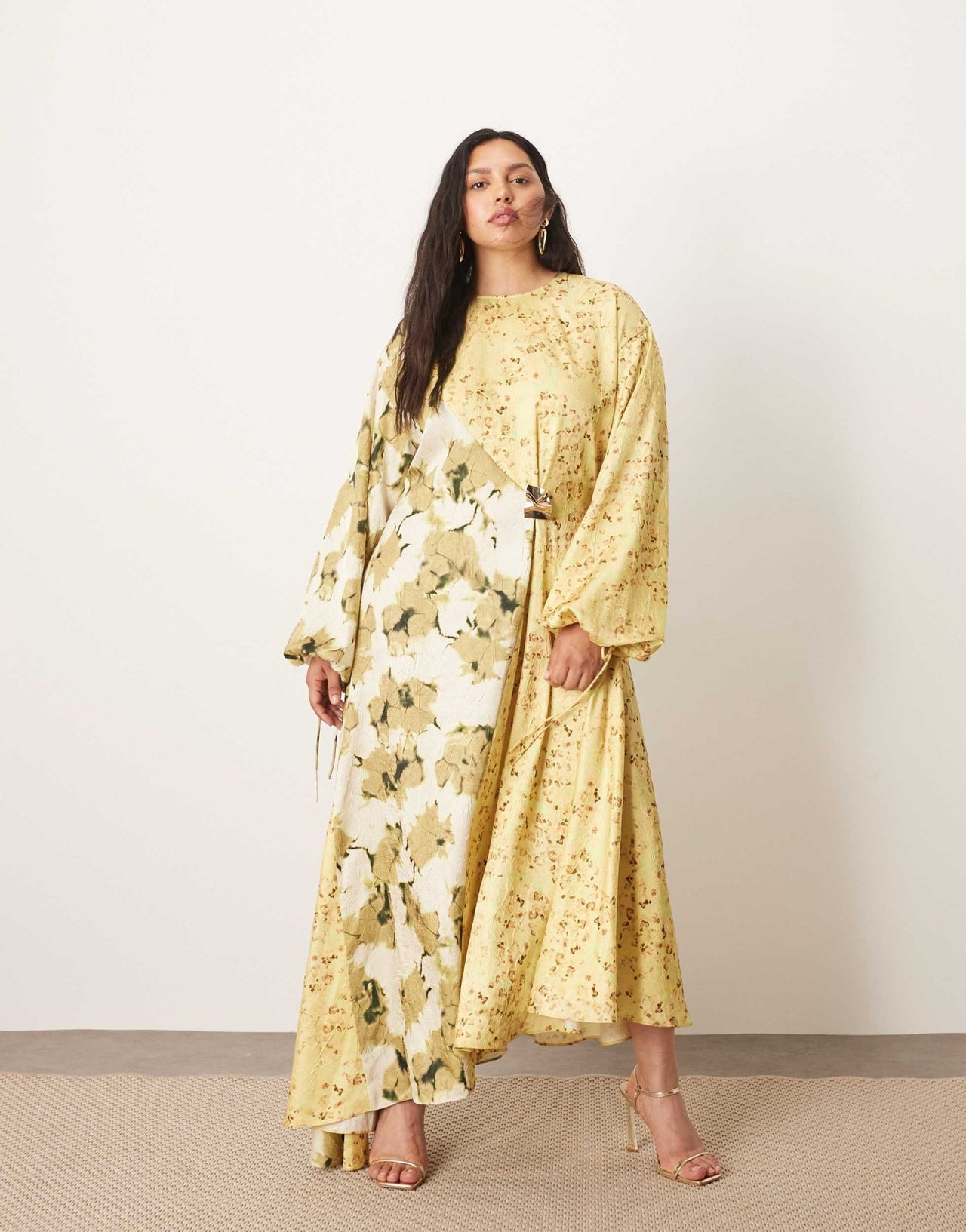 ARRANGE Curve crinkle satin long sleeve midi dress with trim in colourblock floral print - ASOS Sample Sale EU Store