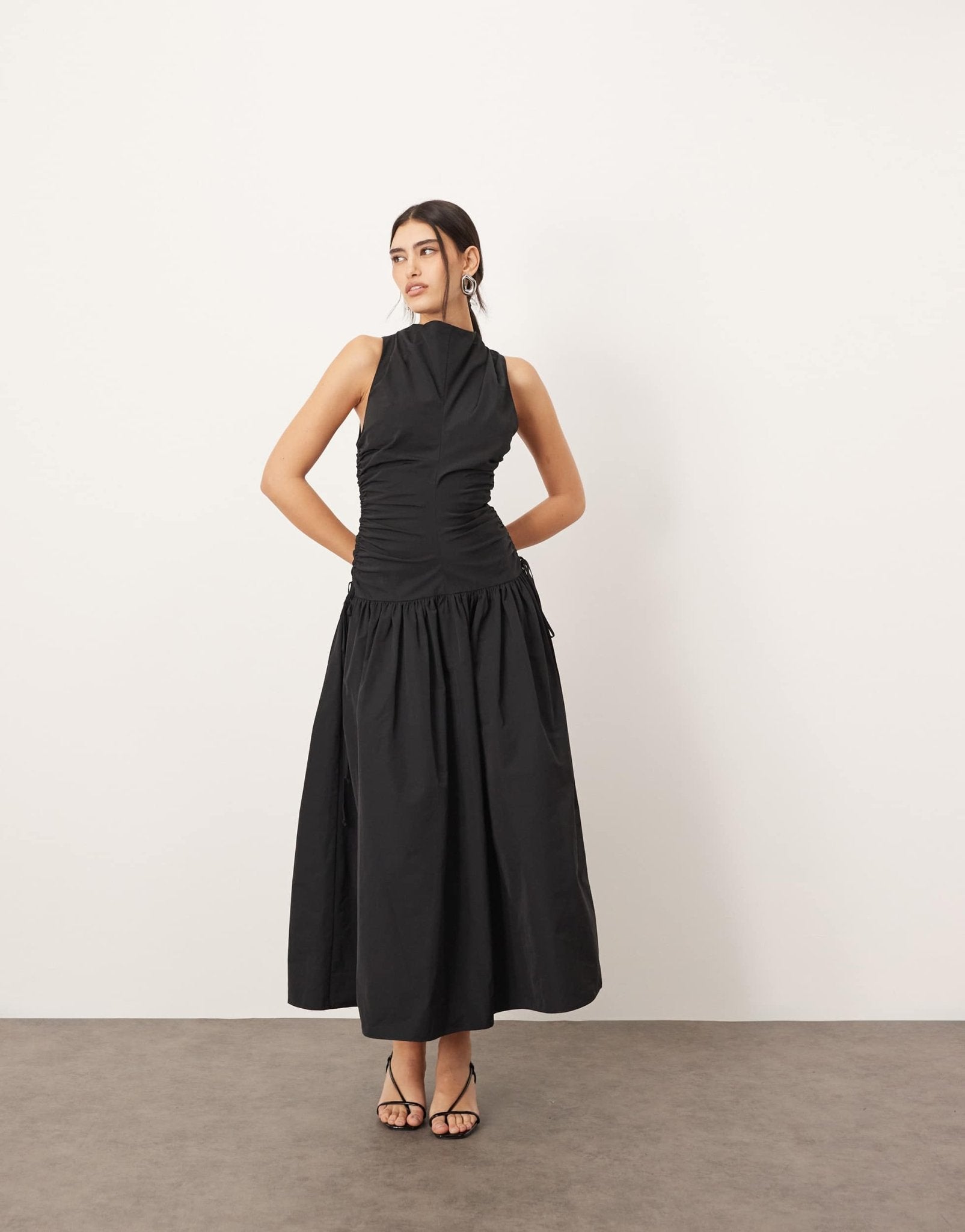 ARRANGE drop waist ruched detail funnel neck maxi dress in black - ASOS Sample Sale EU Store