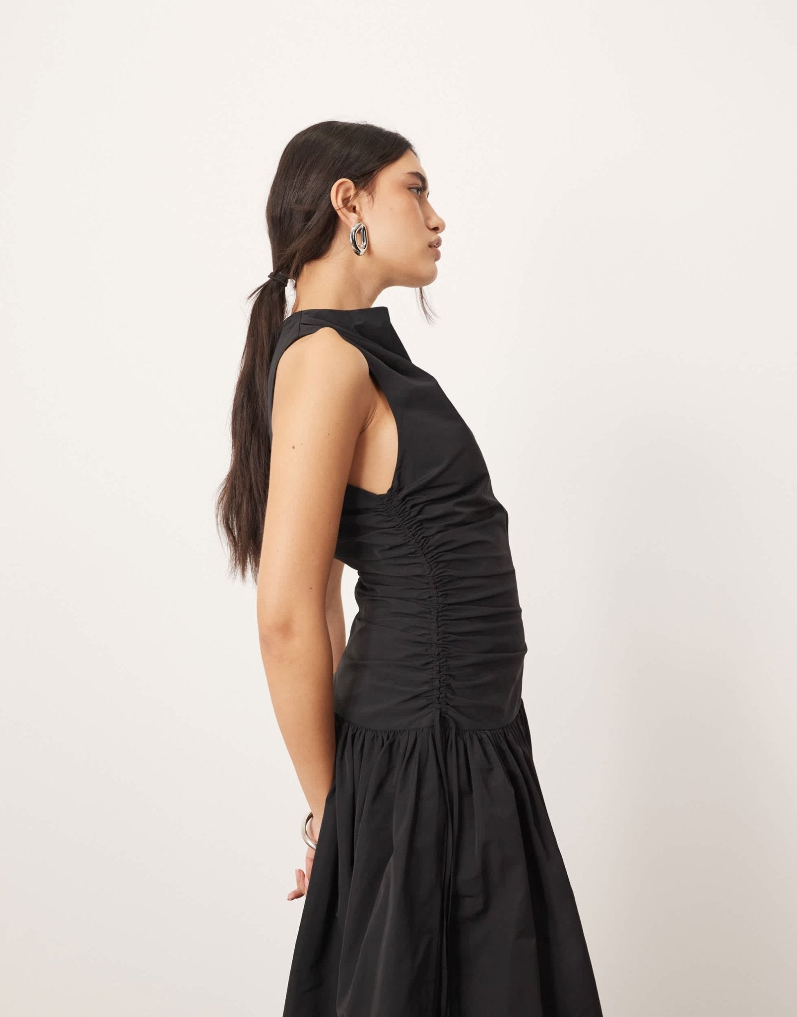 ARRANGE drop waist ruched detail funnel neck maxi dress in black - ASOS Sample Sale EU Store