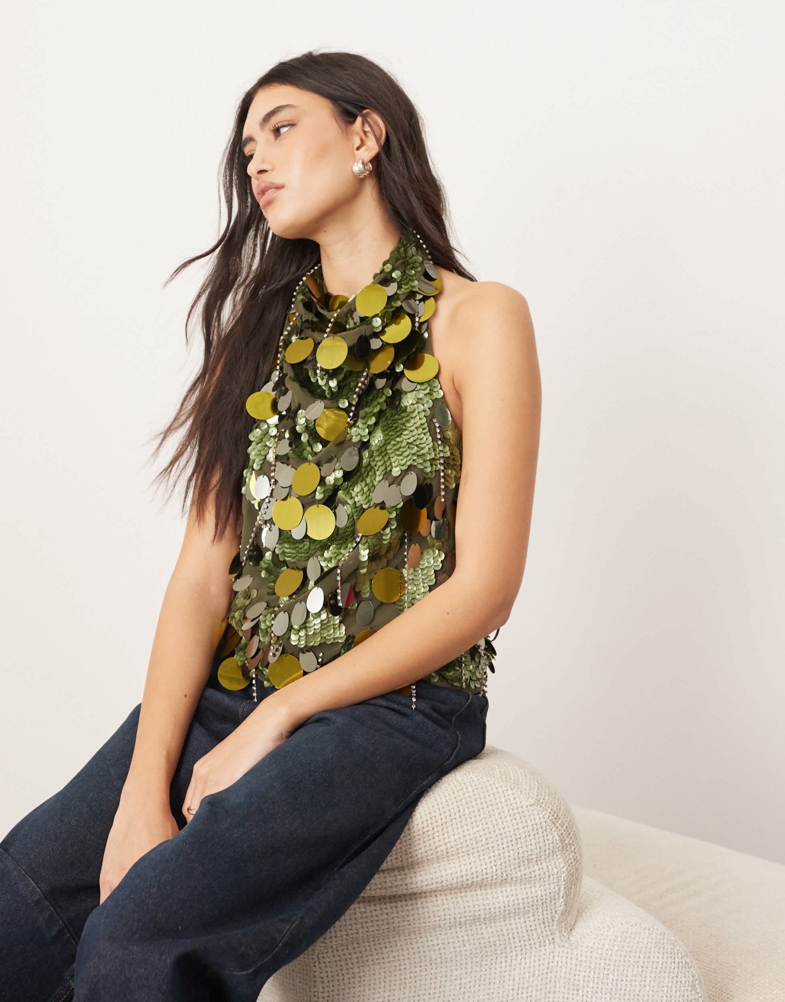 ARRANGE embellished sequin and fringe halter cowl neck top in dark khaki - ASOS Sample Sale EU Store
