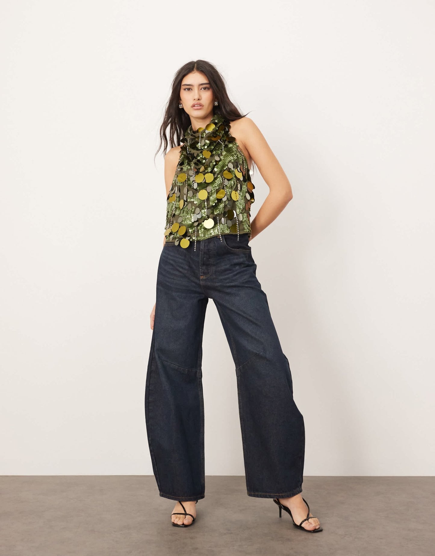 ARRANGE embellished sequin and fringe halter cowl neck top in dark khaki - ASOS Sample Sale EU Store