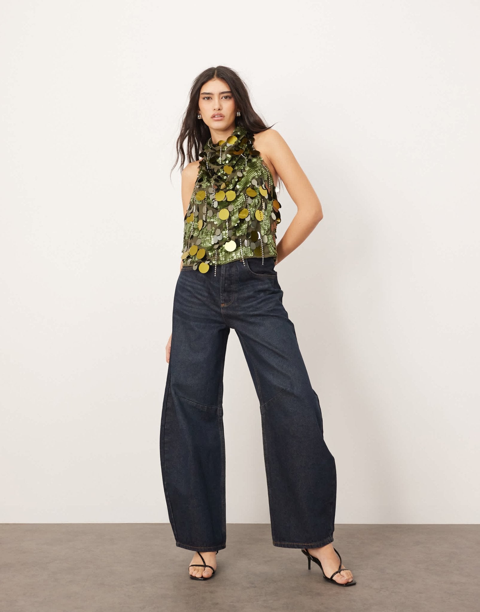 ARRANGE embellished sequin and fringe halter cowl neck top in dark khaki - ASOS Sample Sale EU Store