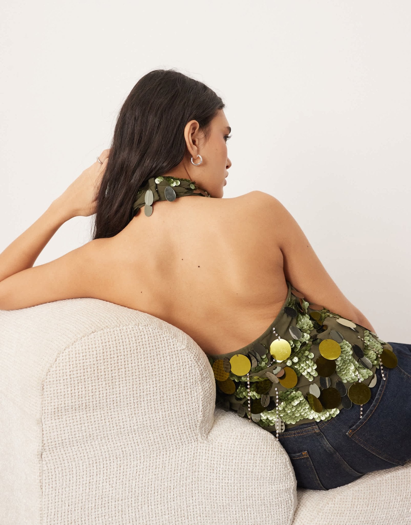 ARRANGE embellished sequin and fringe halter cowl neck top in dark khaki - ASOS Sample Sale EU Store