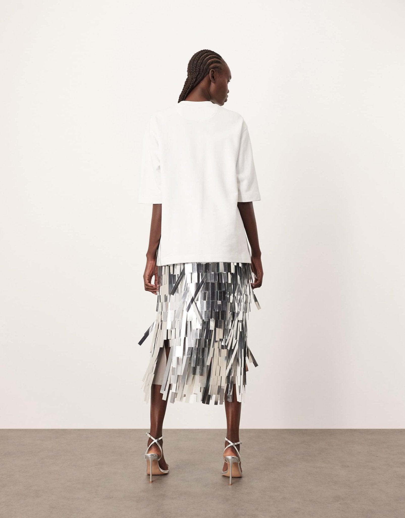 ARRANGE jumbo shard sequin fringe hem midi skirt in silver - ASOS Sample Sale EU Store