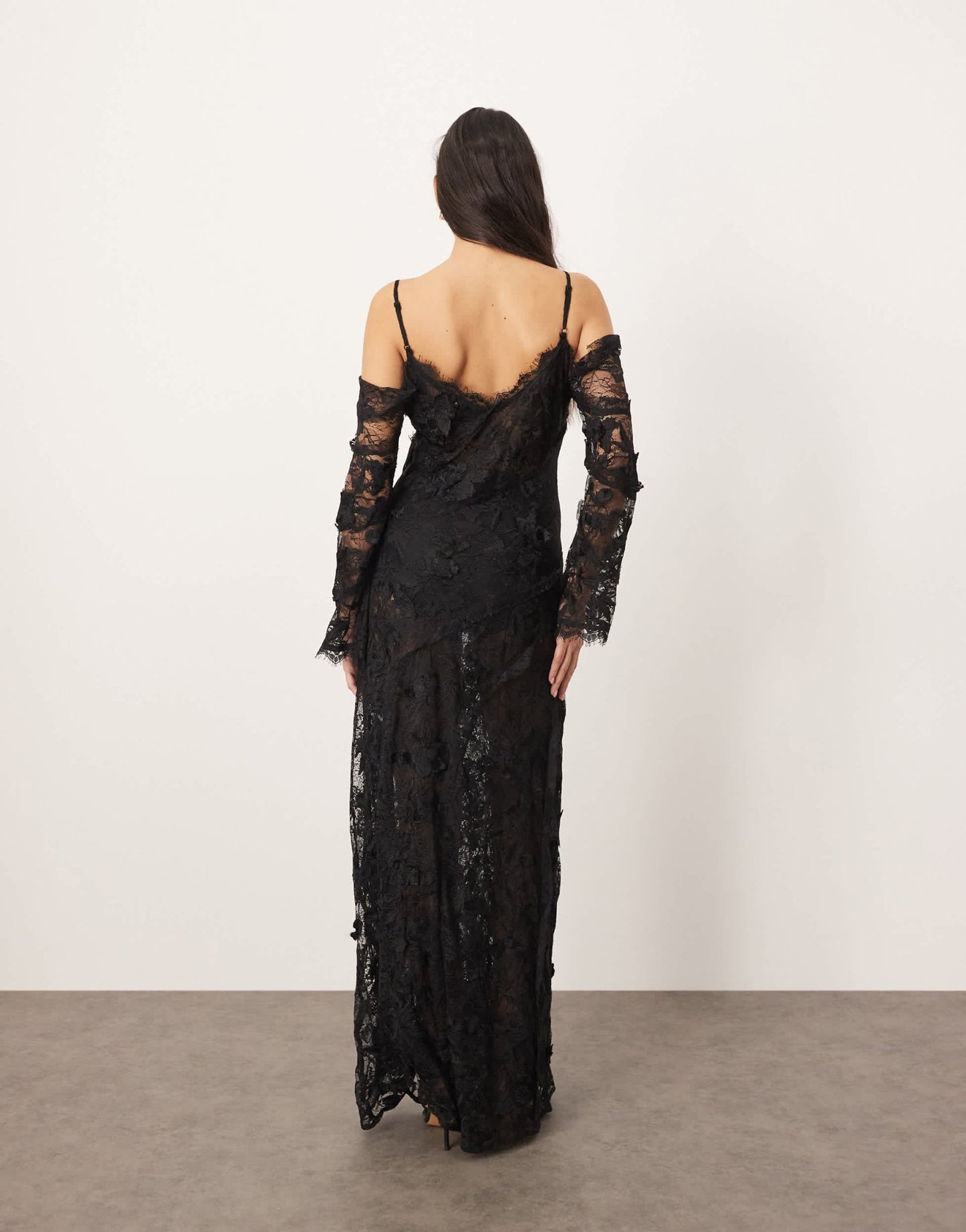 ARRANGE lace embroidered cold shoulder maxi dress with split in black - ASOS Sample Sale EU Store