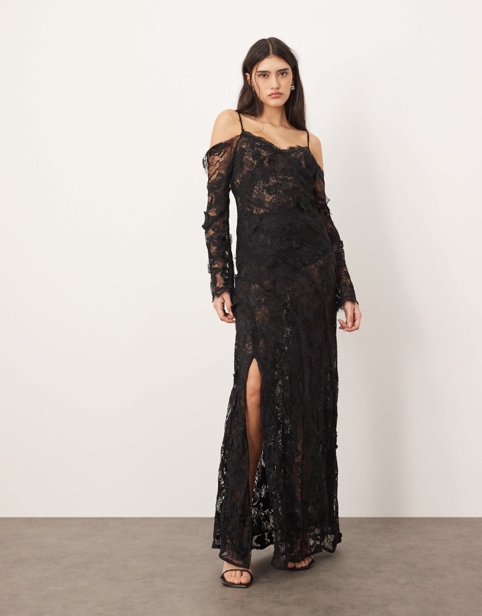 ARRANGE lace embroidered cold shoulder maxi dress with split in black - ASOS Sample Sale EU Store