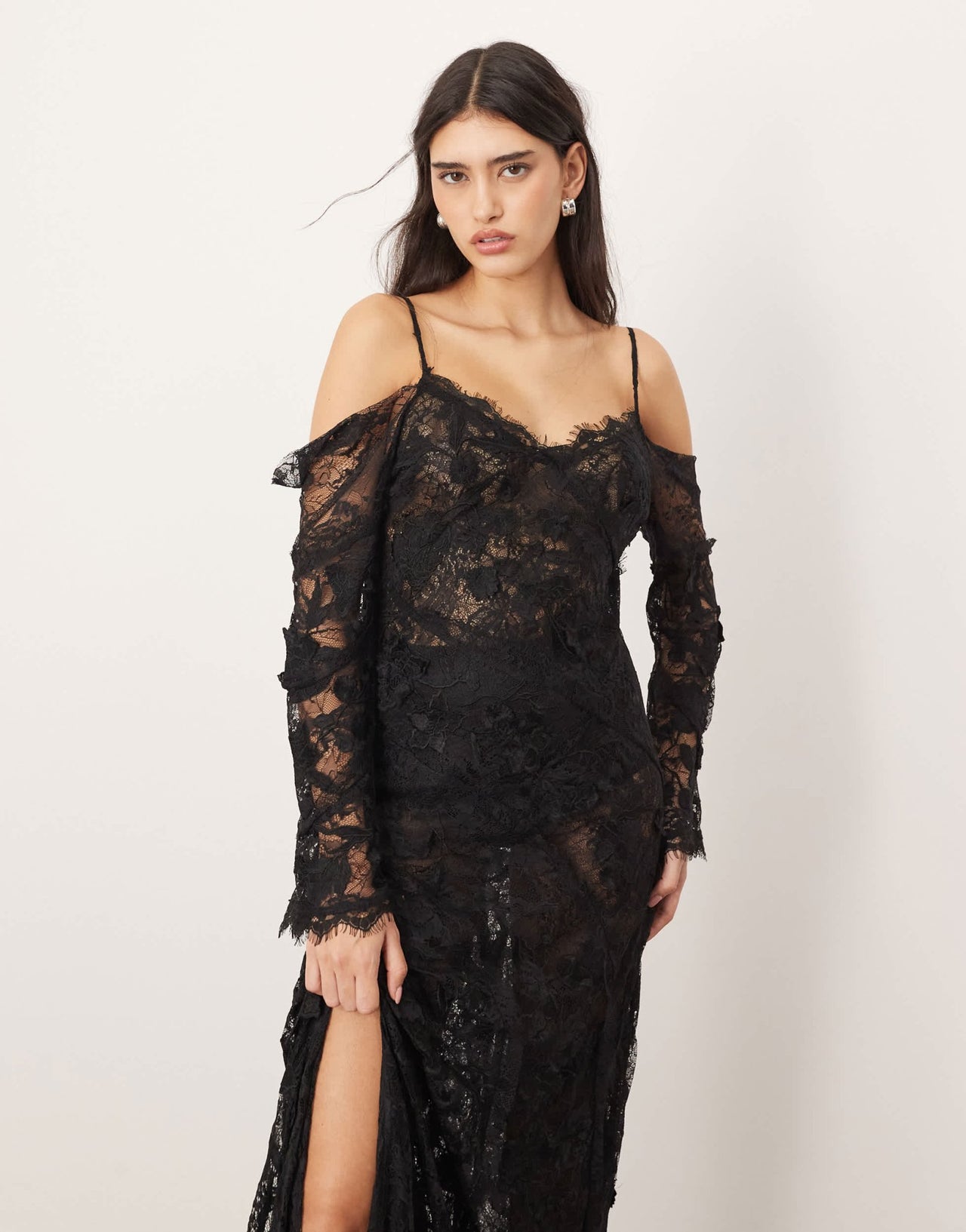 ARRANGE lace embroidered cold shoulder maxi dress with split in black - ASOS Sample Sale EU Store