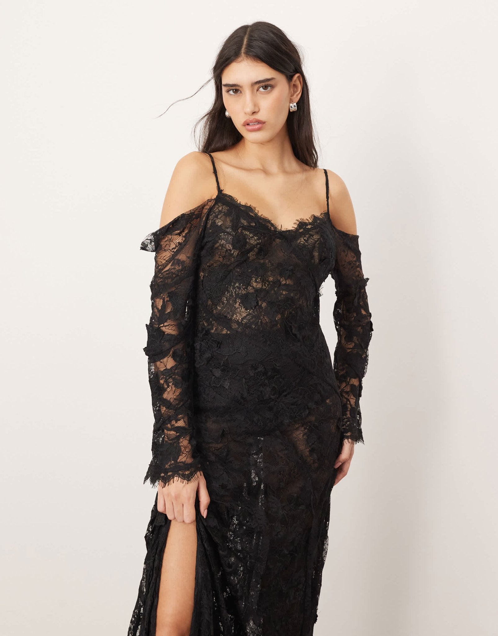 ARRANGE lace embroidered cold shoulder maxi dress with split in black - ASOS Sample Sale EU Store