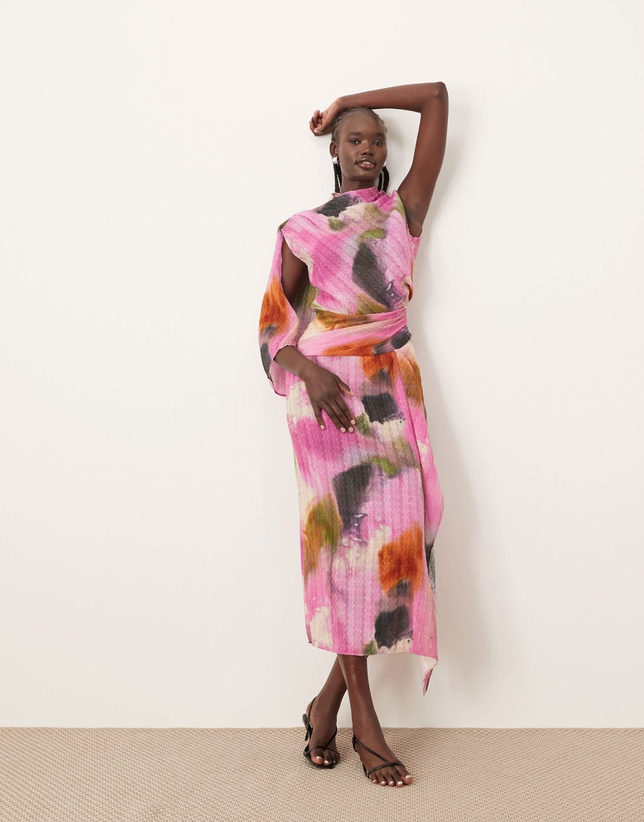 ARRANGE plisse high neck drape detail sheer midi dress in watercolour print - ASOS Sample Sale EU Store