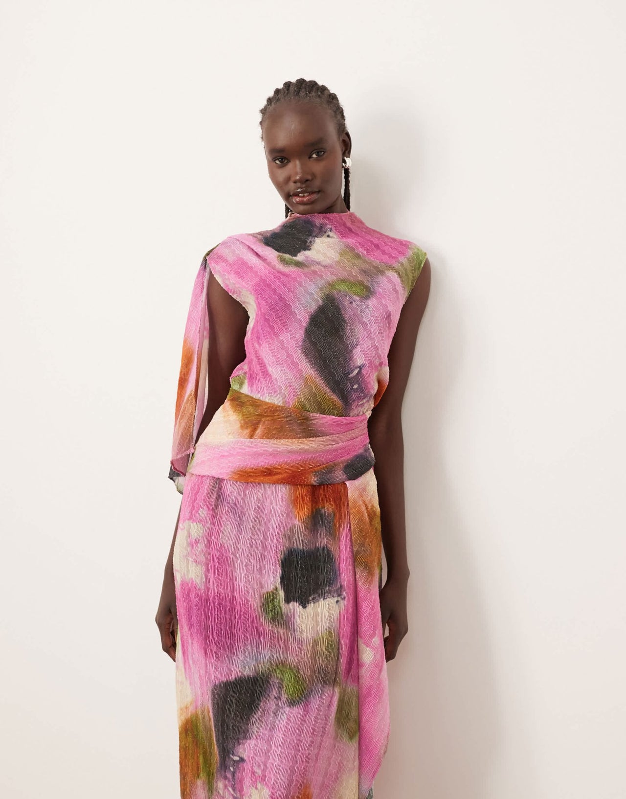 ARRANGE plisse high neck drape detail sheer midi dress in watercolour print - ASOS Sample Sale EU Store