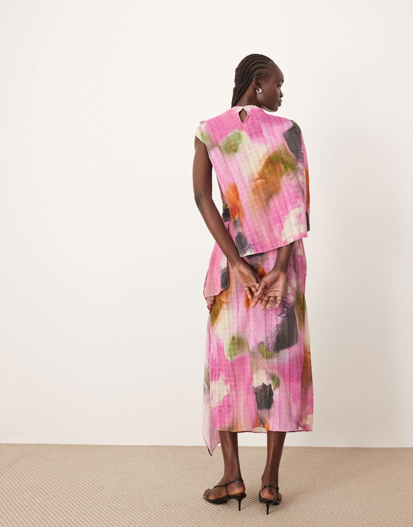 ARRANGE plisse high neck drape detail sheer midi dress in watercolour print - ASOS Sample Sale EU Store