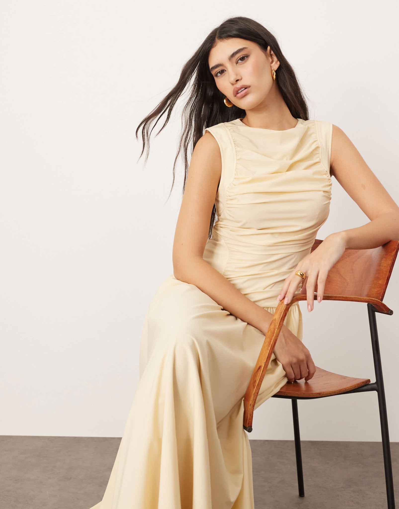 ARRANGE poplin ruched detail drop waist midi dress in buttermilk - ASOS Sample Sale EU Store