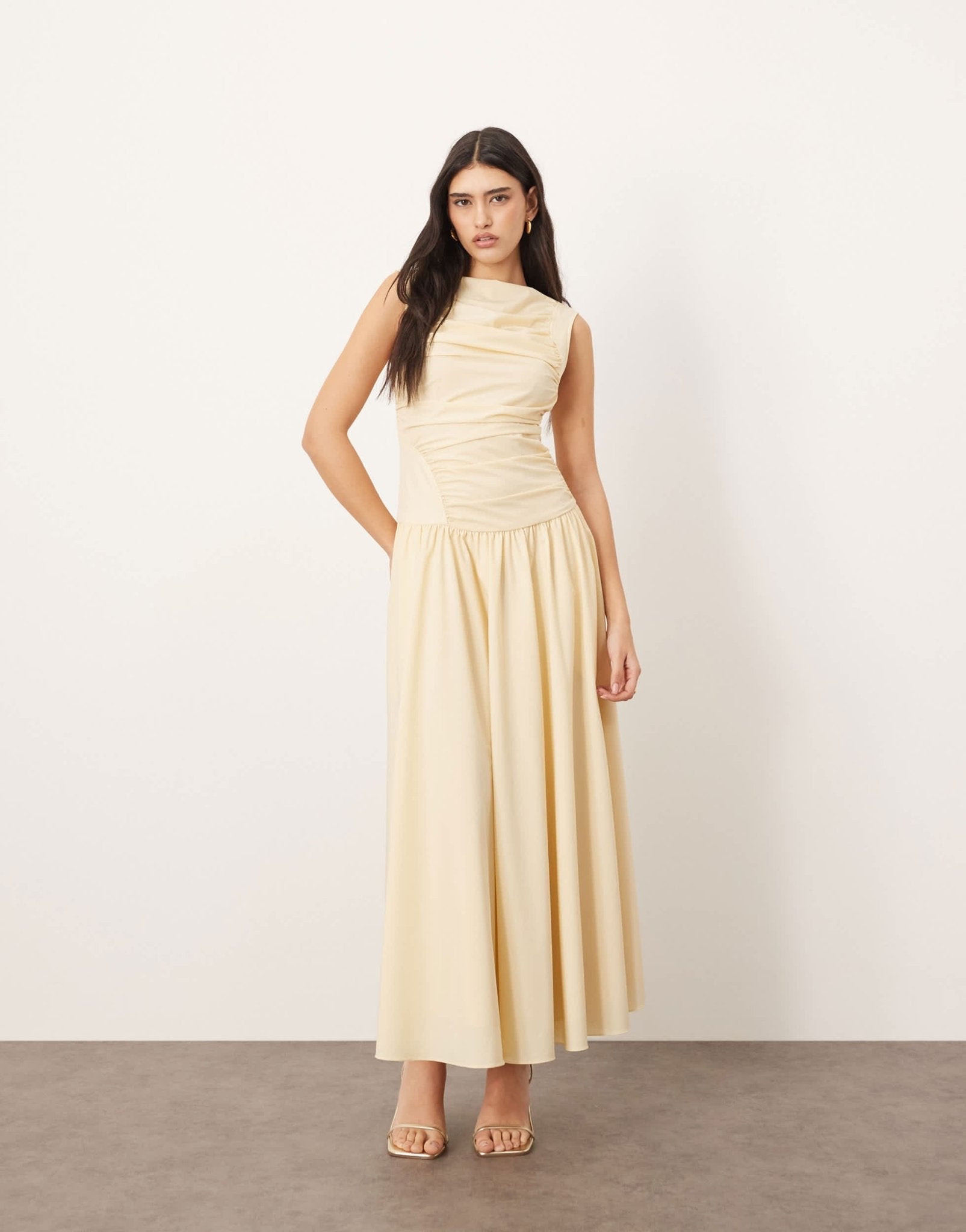 ARRANGE poplin ruched detail drop waist midi dress in buttermilk - ASOS Sample Sale EU Store