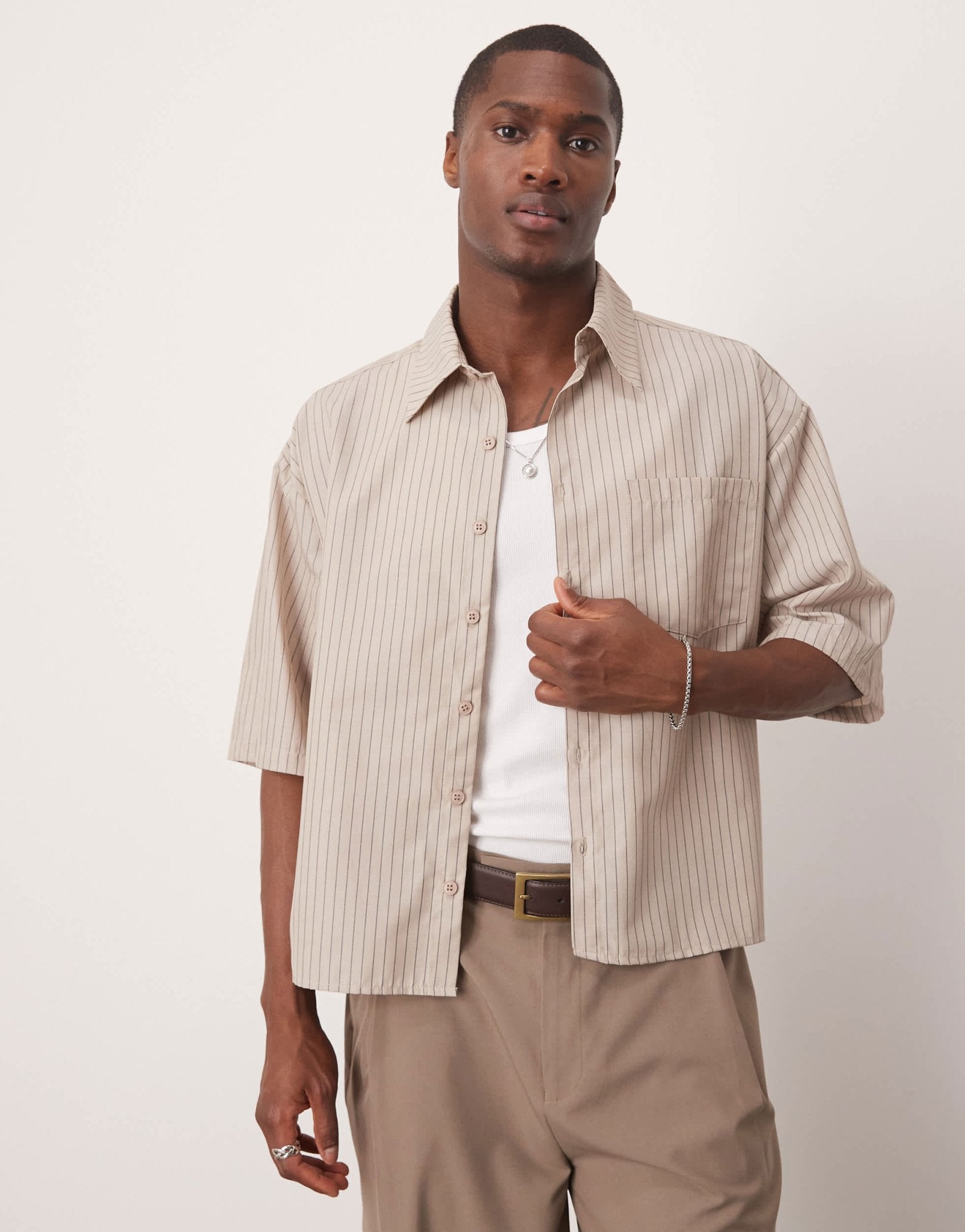 ASOS DESIGN 90s oversized boxy shirt in beige stripe - ASOS Sample Sale EU Store