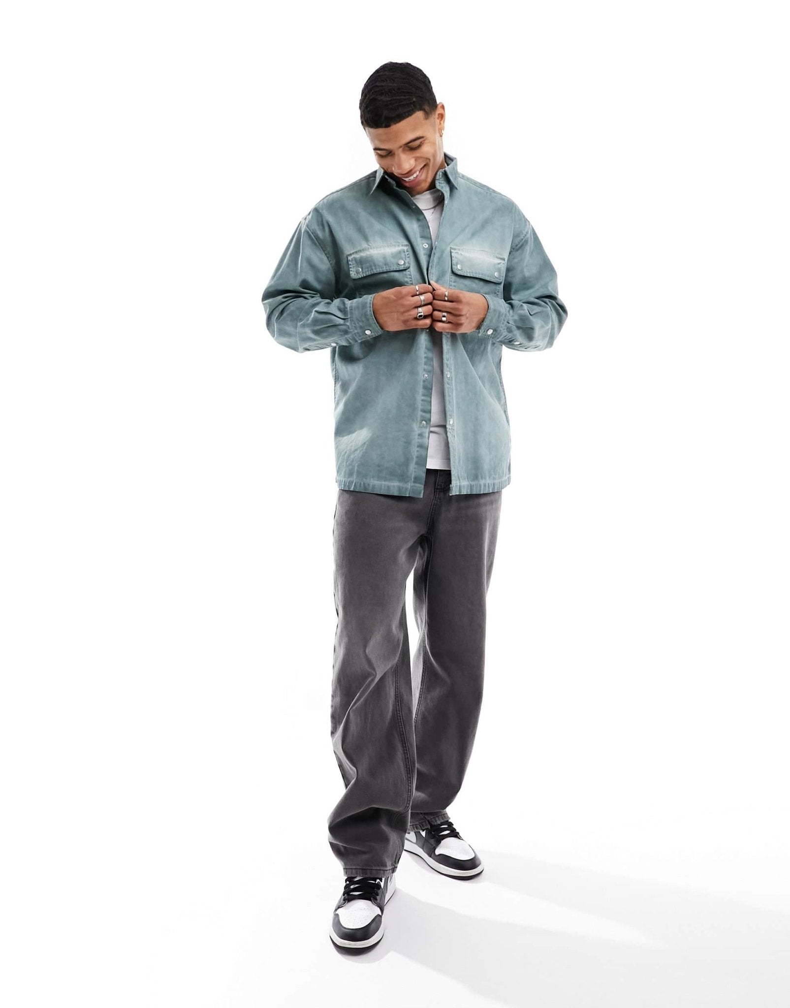 ASOS DESIGN 90s oversized shirt in washed herringbone in blue - ASOS Sample Sale EU Store