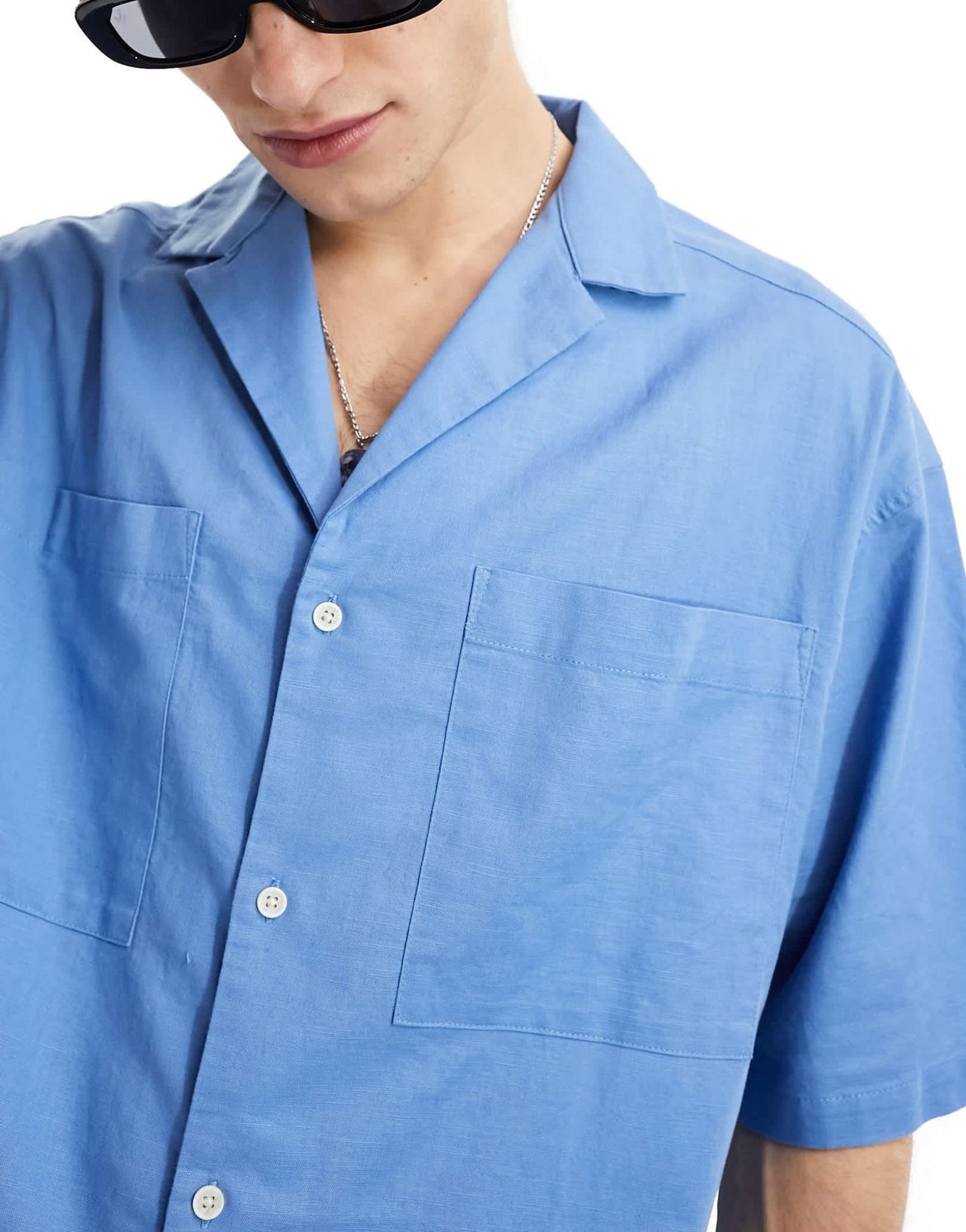ASOS DESIGN 90s oversized shirt with deep revere collar in blue - ASOS Sample Sale EU Store